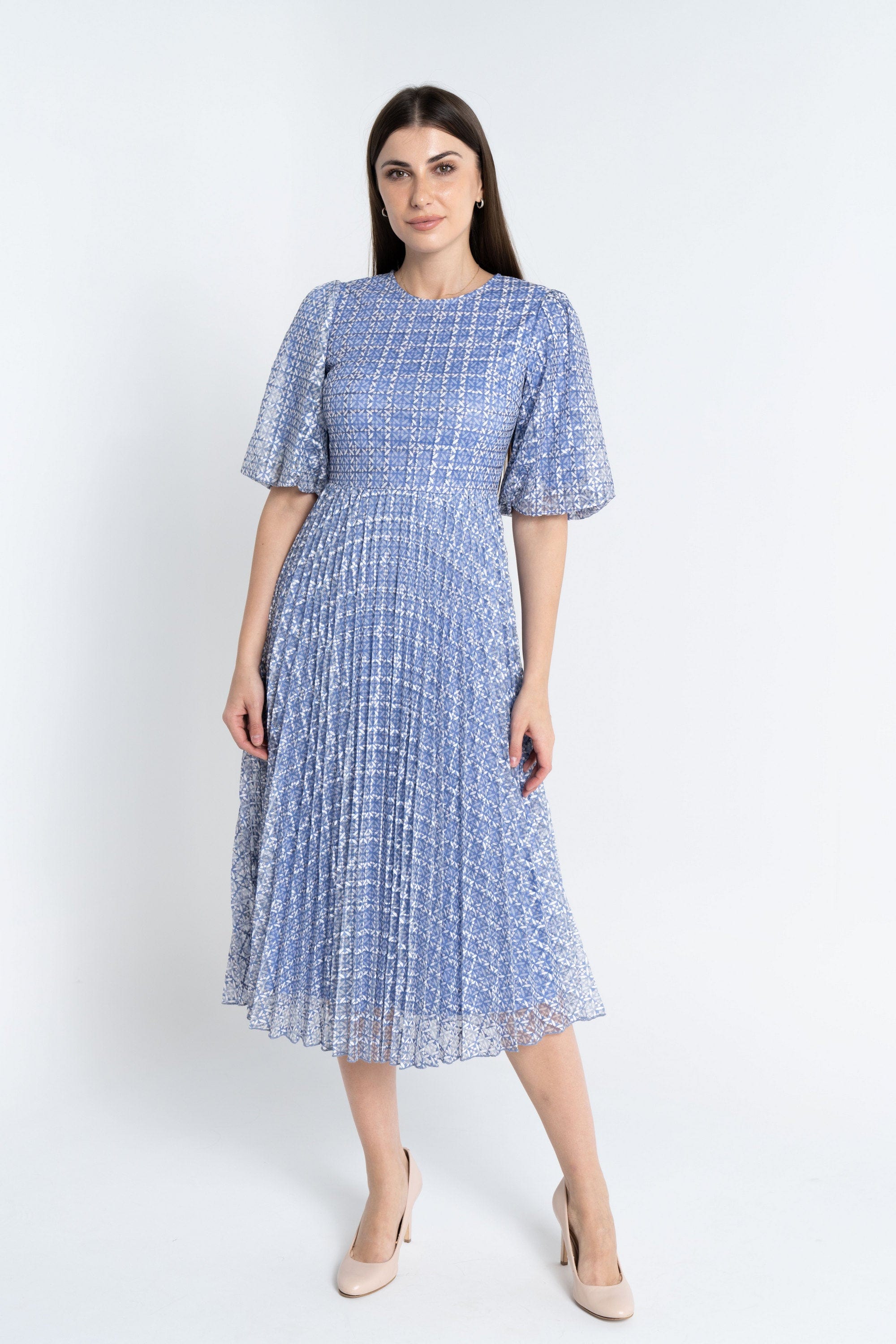 نتشي فستان ميدي منقوش على شكل مربعات مخصر كم قصير نسائي