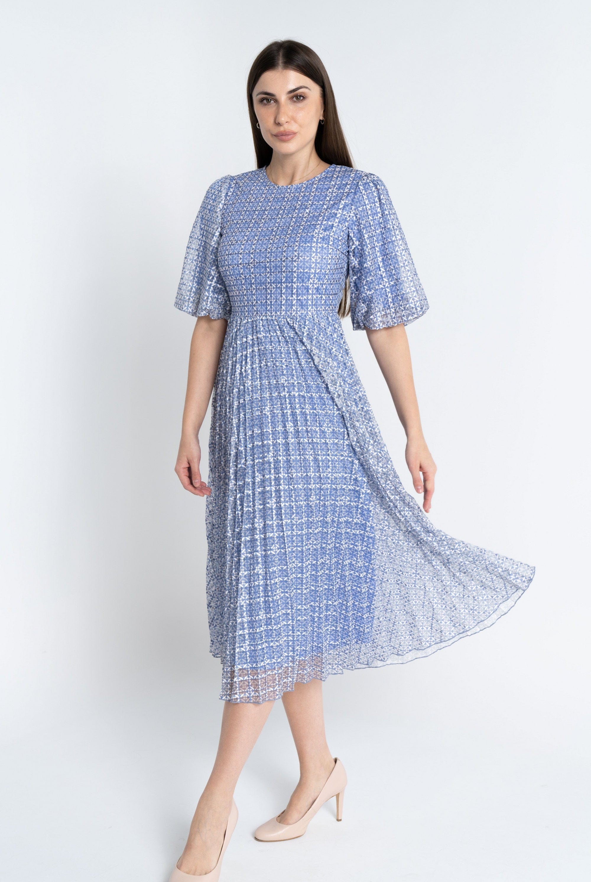 نتشي فستان ميدي منقوش على شكل مربعات مخصر كم قصير نسائي