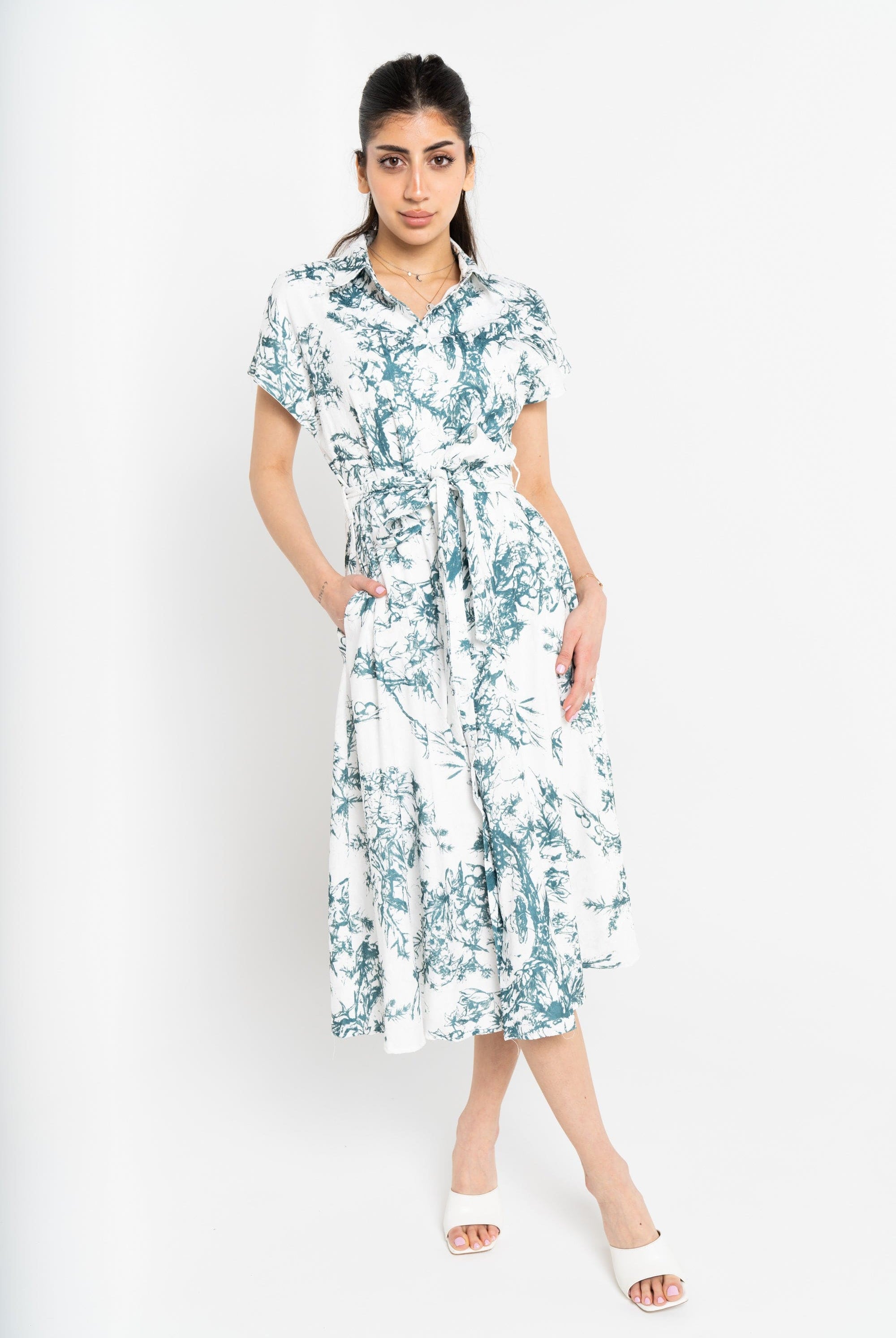 نتشي فستان ميدي منقوش مخصر بحزام على الخصر كم قصير نسائي