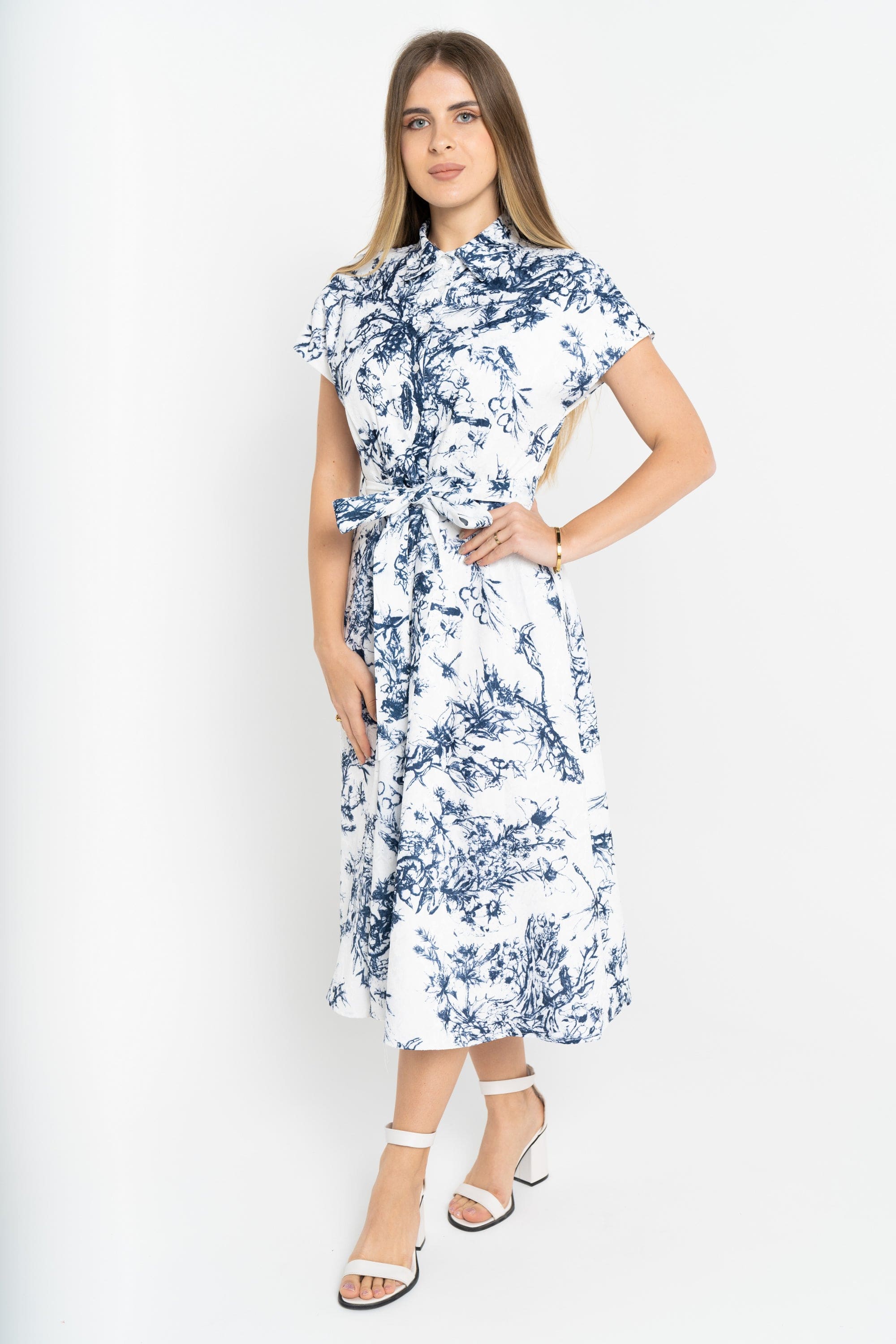 نتشي فستان ميدي منقوش مخصر بحزام على الخصر كم قصير نسائي