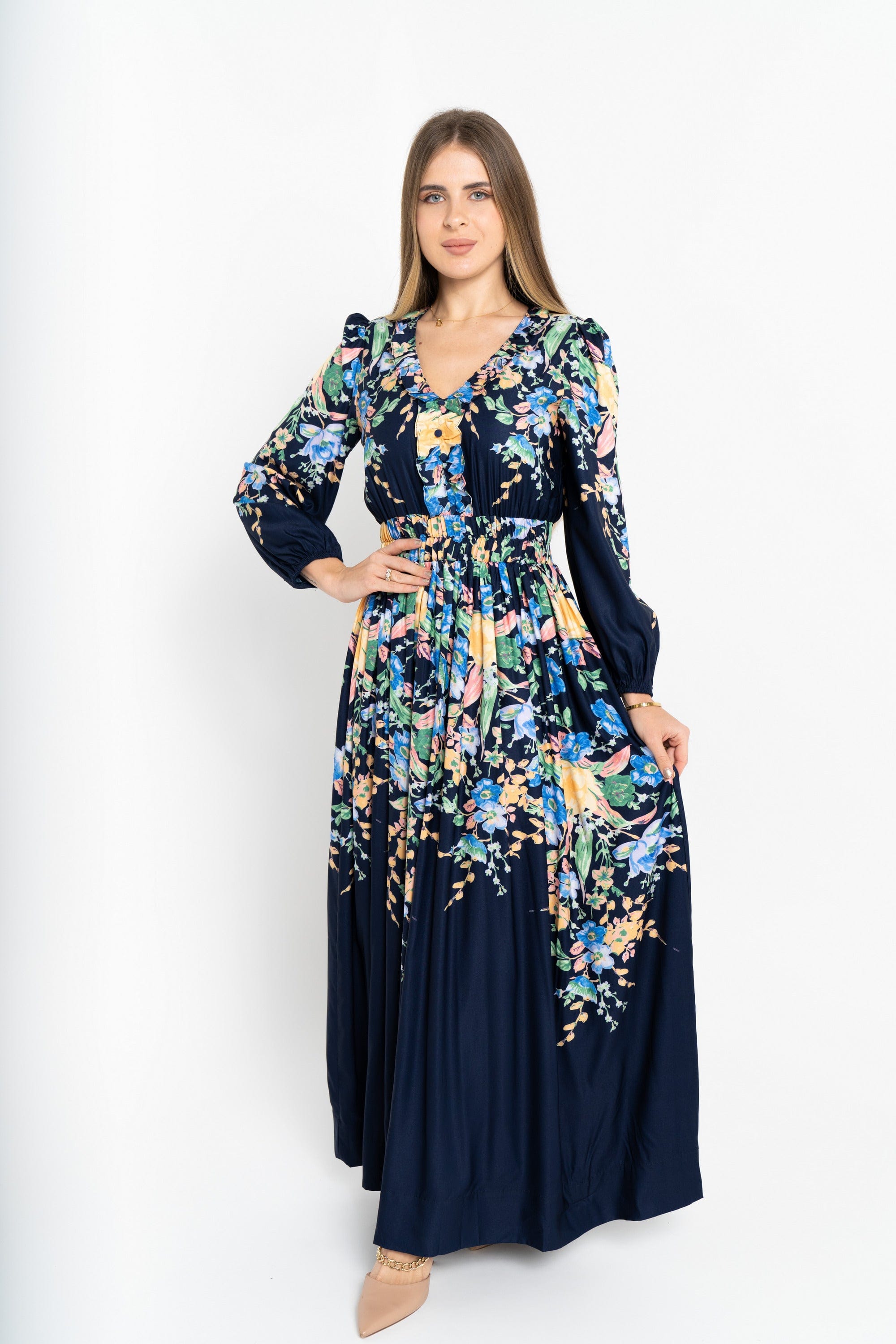 نتشي فستان ماكسي مورد كم طويل نسائي