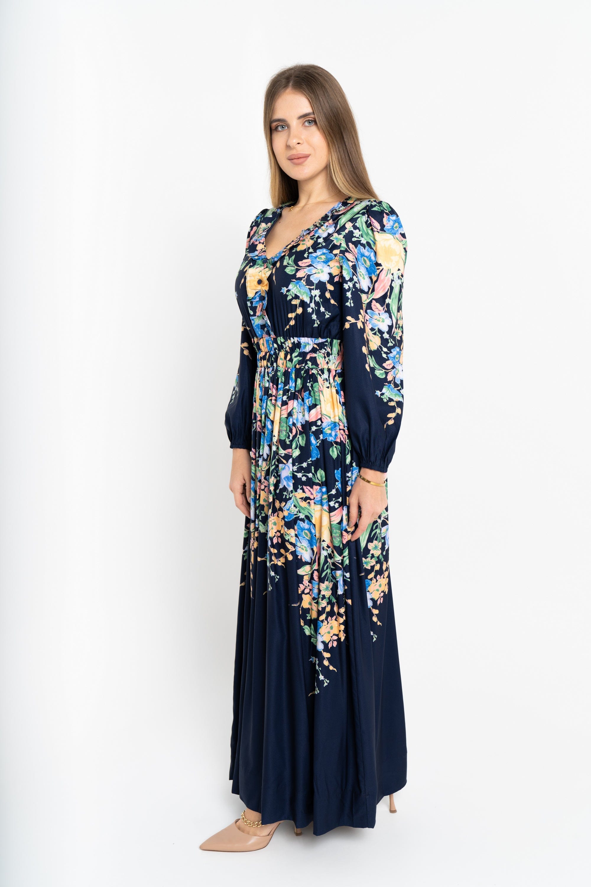 نتشي فستان ماكسي مورد كم طويل نسائي