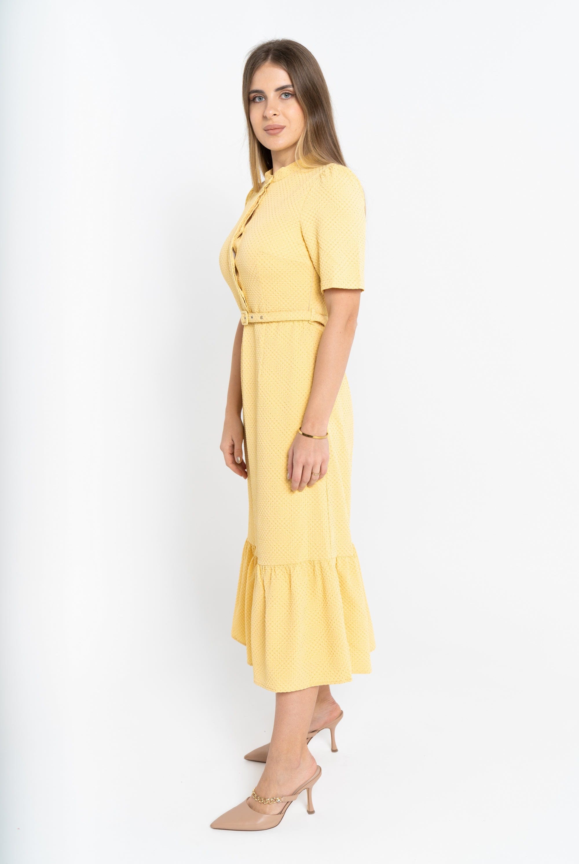 نتشي فستان ميدي سادة بحزام على الخصر كم قصير نسائي