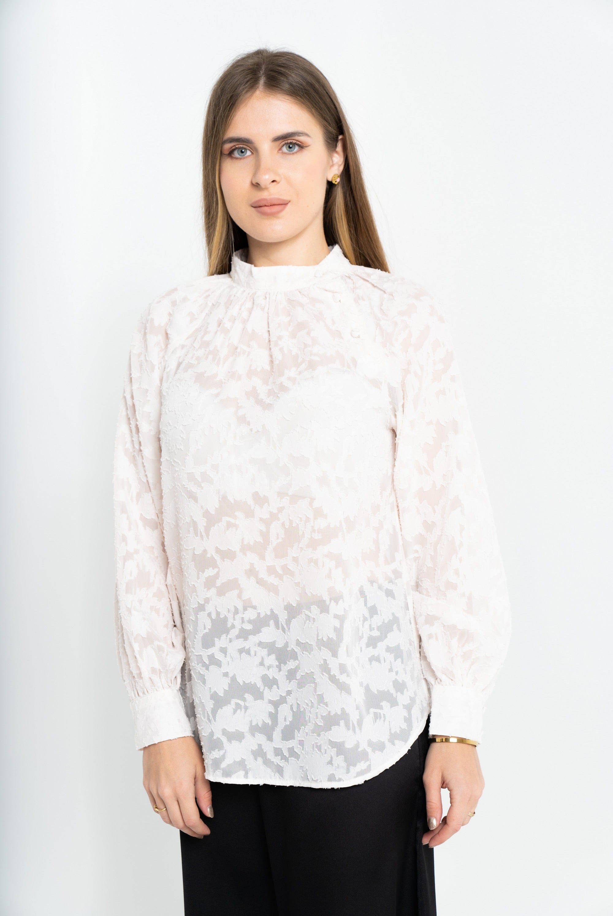 نتشي توب شفاف مطرز كم طويل نسائي