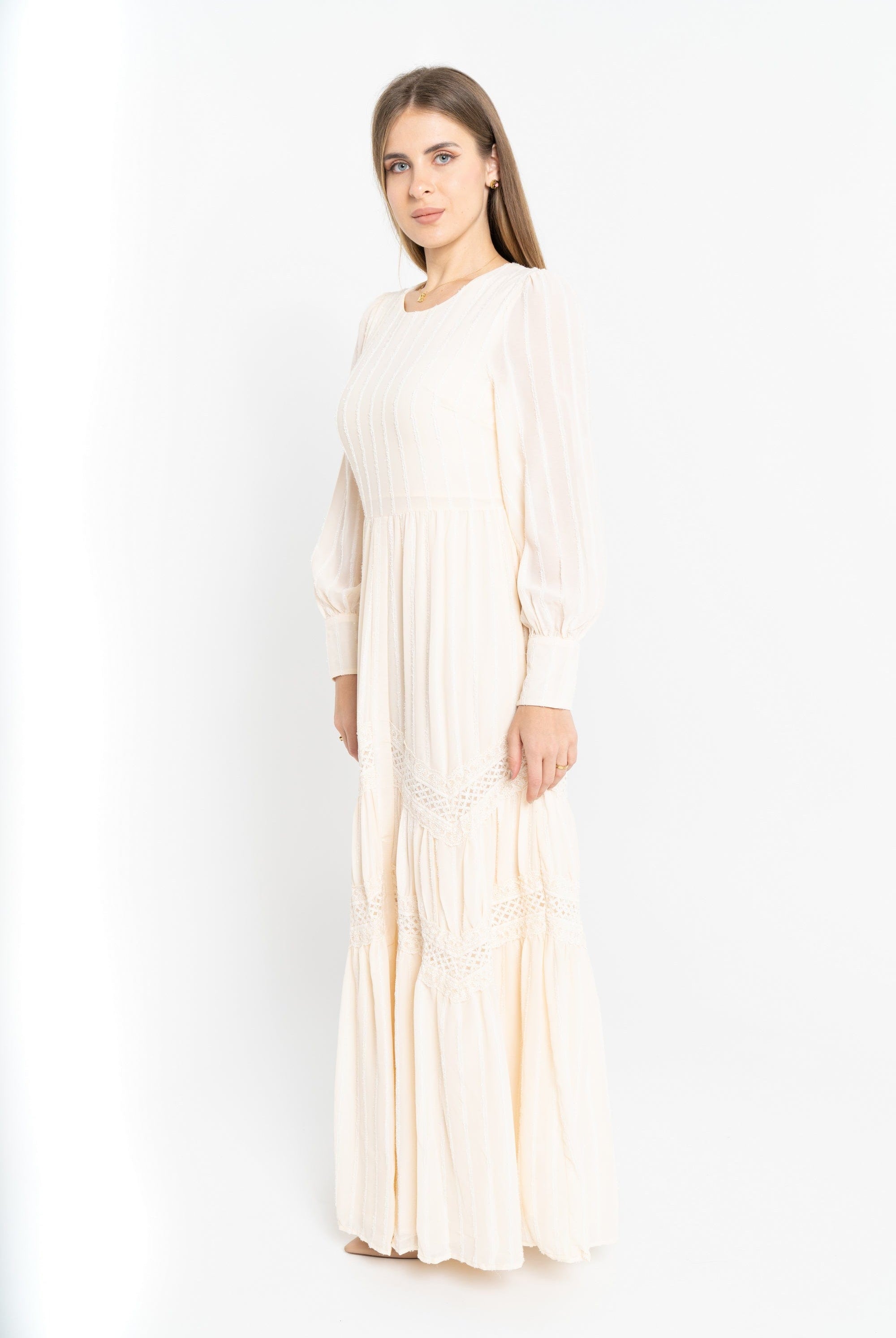 نتشي فستان طويل مضلع بالطول مخصر سادة كم طويل بف نسائي