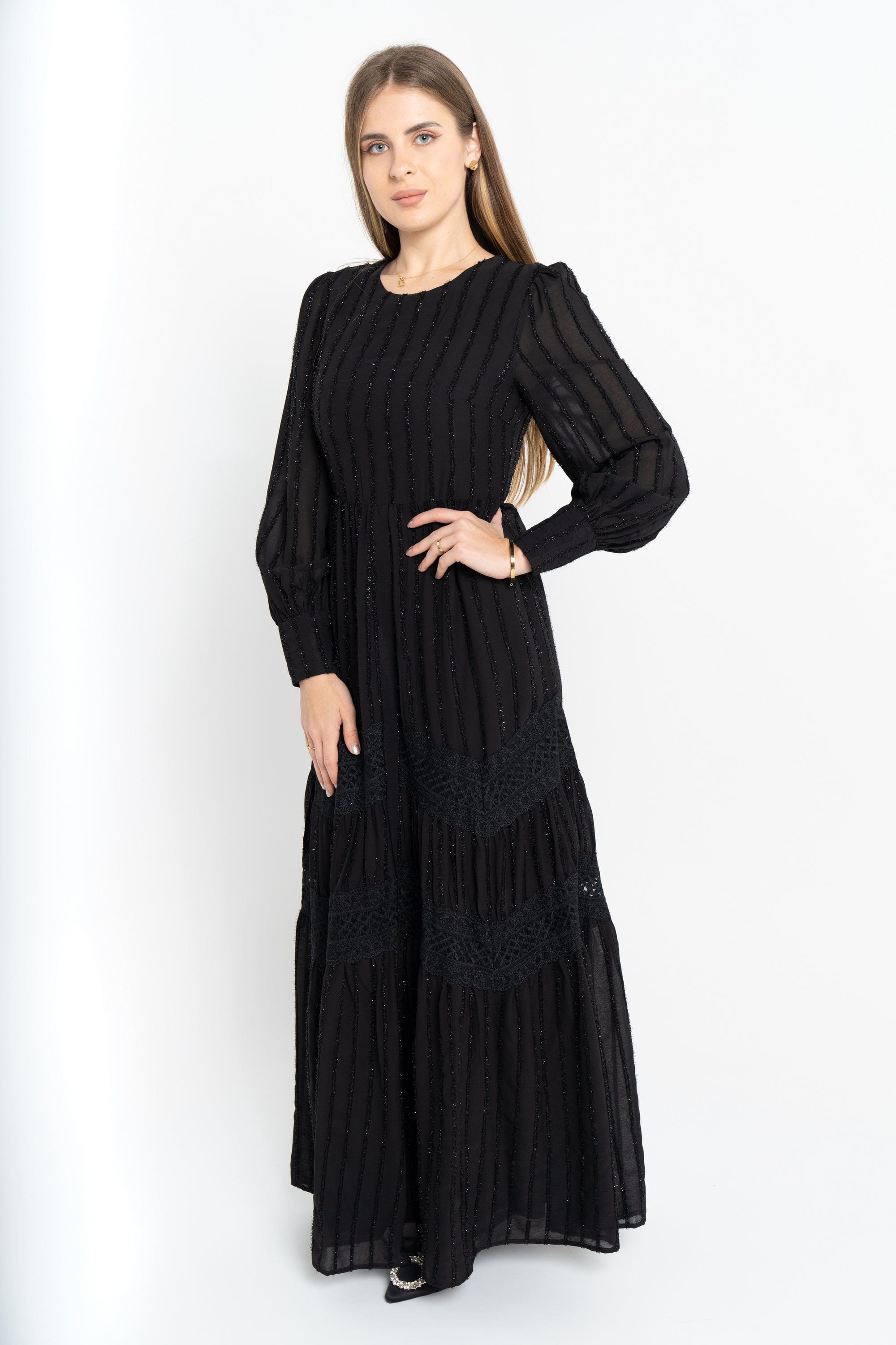 نتشي فستان طويل مضلع بالطول مخصر سادة كم طويل بف نسائي