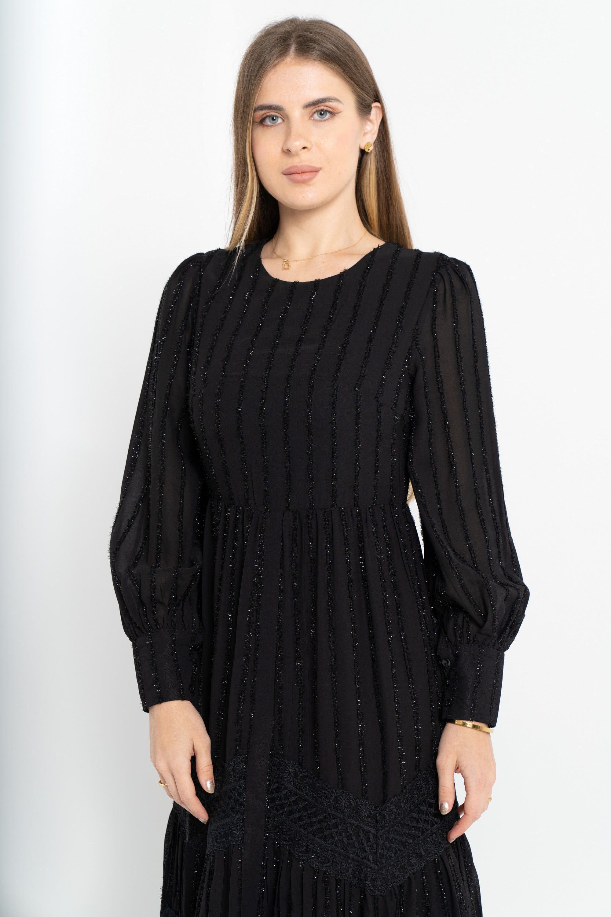 نتشي فستان طويل مضلع بالطول مخصر سادة كم طويل بف نسائي