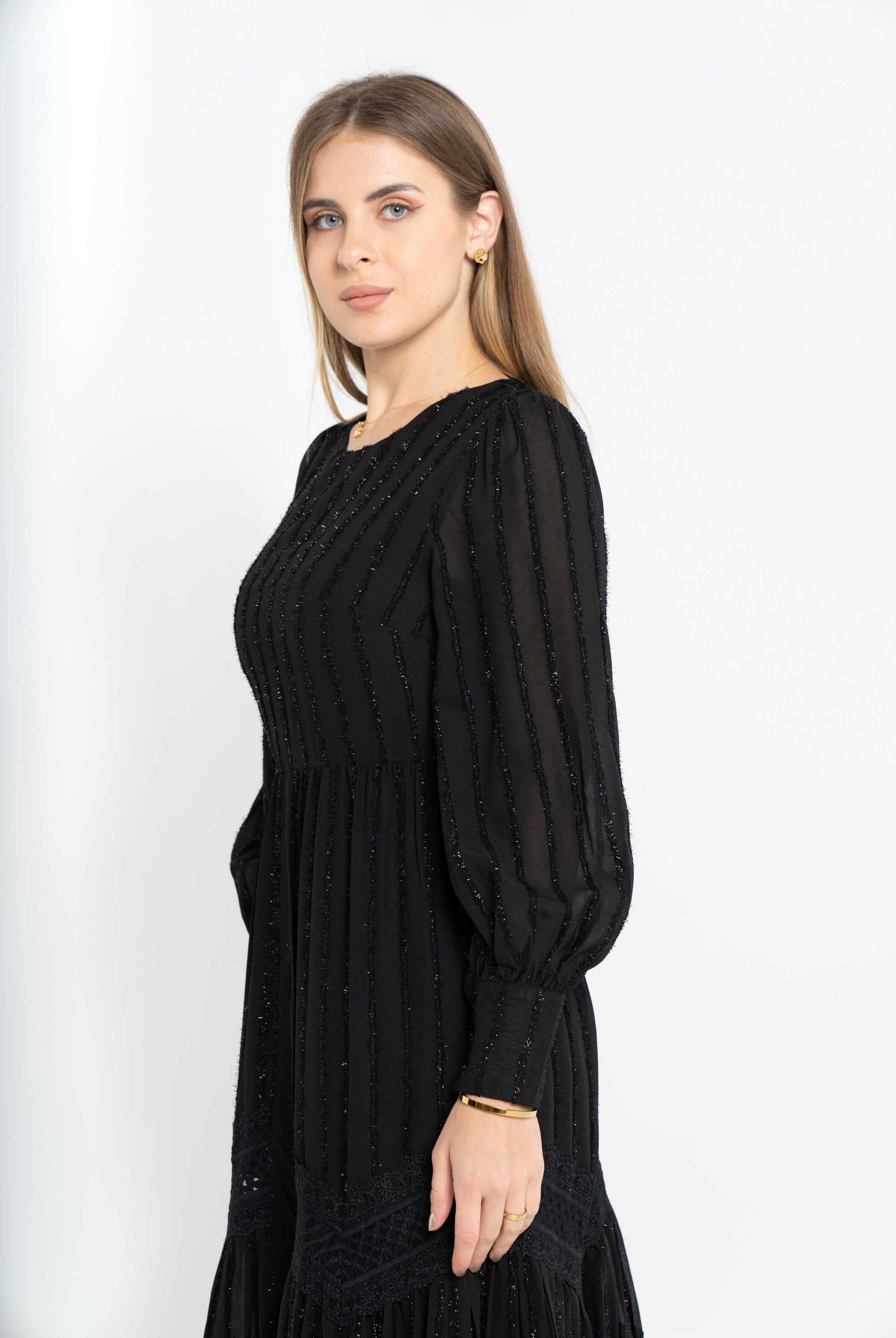 نتشي فستان طويل مضلع بالطول مخصر سادة كم طويل بف نسائي