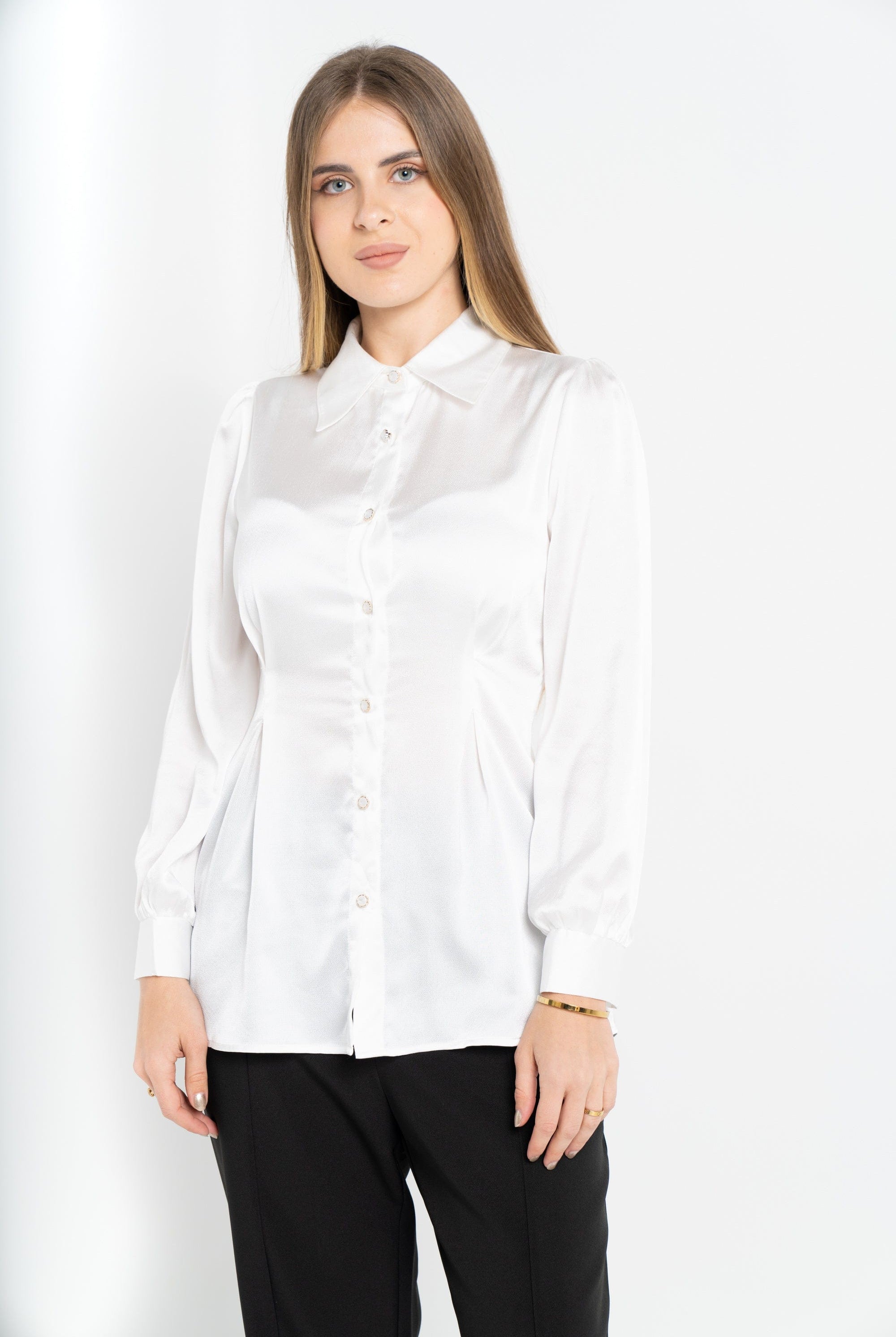 نتشي بلوزة سادة مخصرة كم طويل بف نسائي