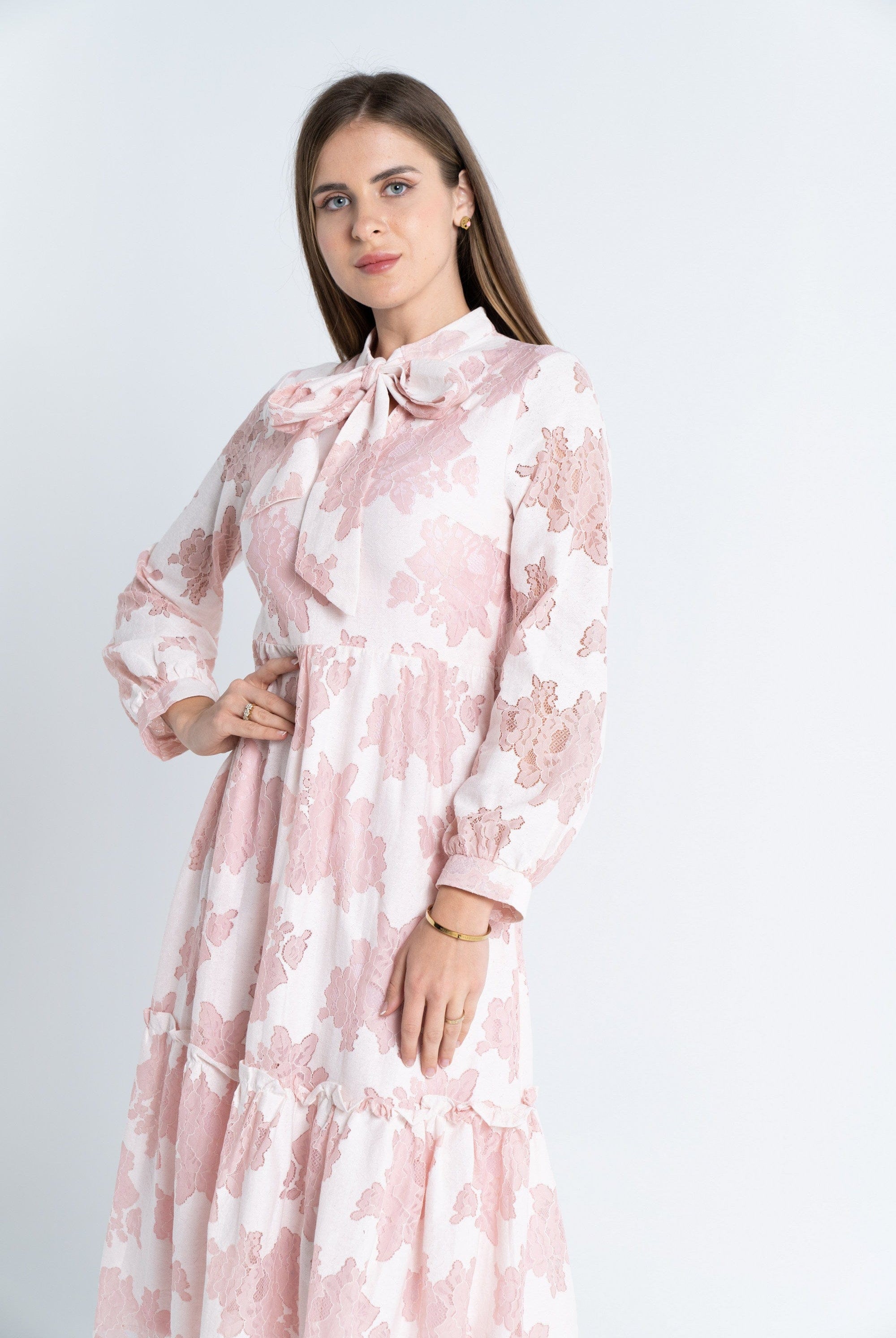 نتشي فستان ميدي مشجر مخصر ميدي كم طويل نسائي وردي