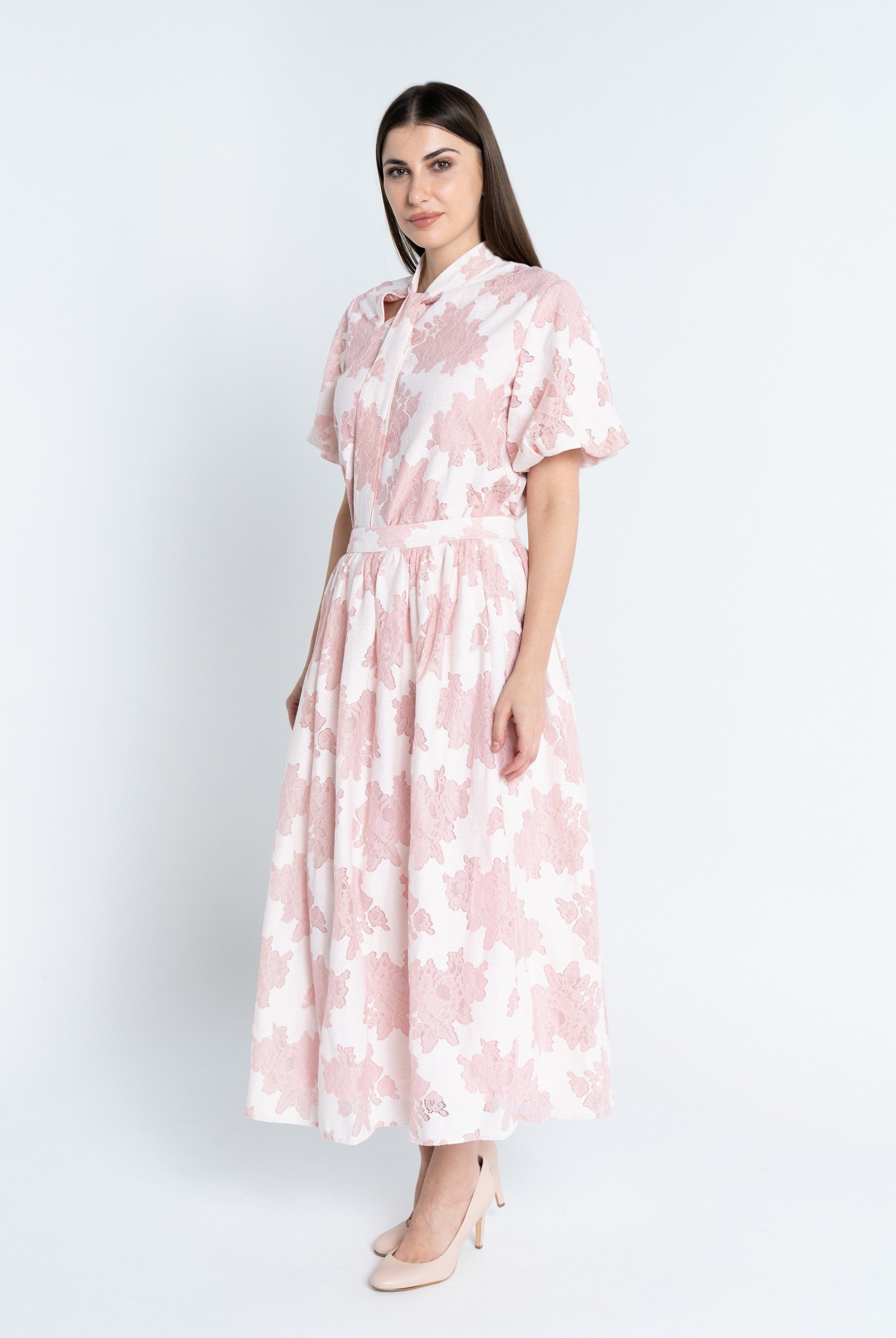 نتشي تنورة ميدي منقوشة ناعمة نسائي وردي