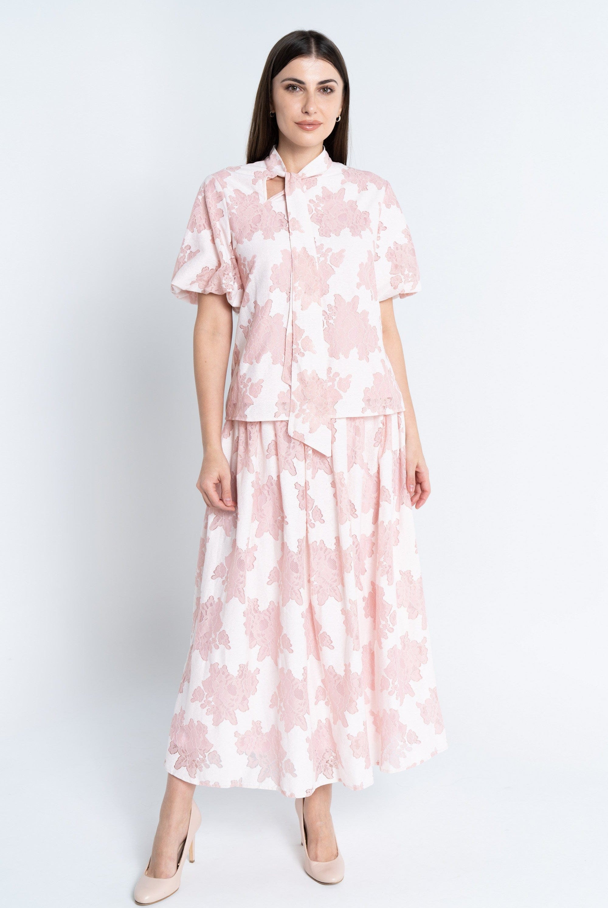 نتشي تنورة ميدي منقوشة ناعمة نسائي وردي