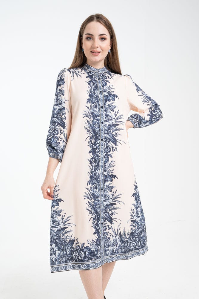 نتشي فستان ميدي بأكمام طويلة مزين بأزرار أمامية