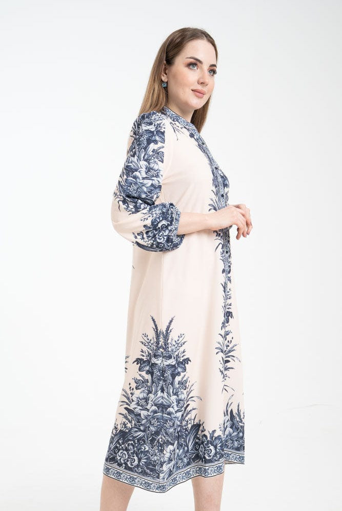 نتشي فستان ميدي بأكمام طويلة مزين بأزرار أمامية