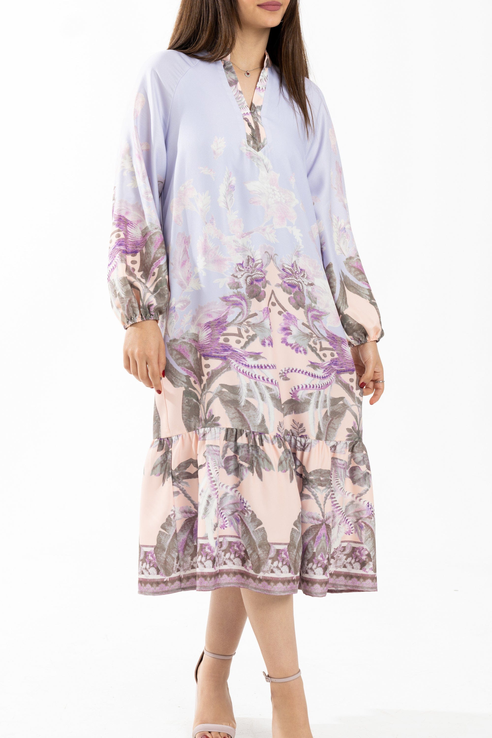 نتشي فستان ميدي بأكمام طويلة بفتحتة رقبة سبعة