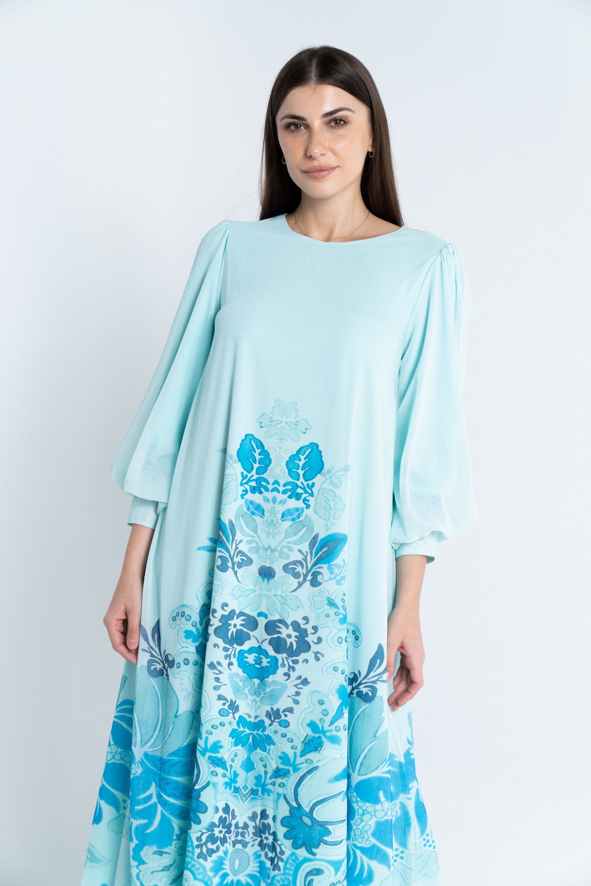 نتشي فستان طويل ماكسي منقوش كم طويل بف نسائي