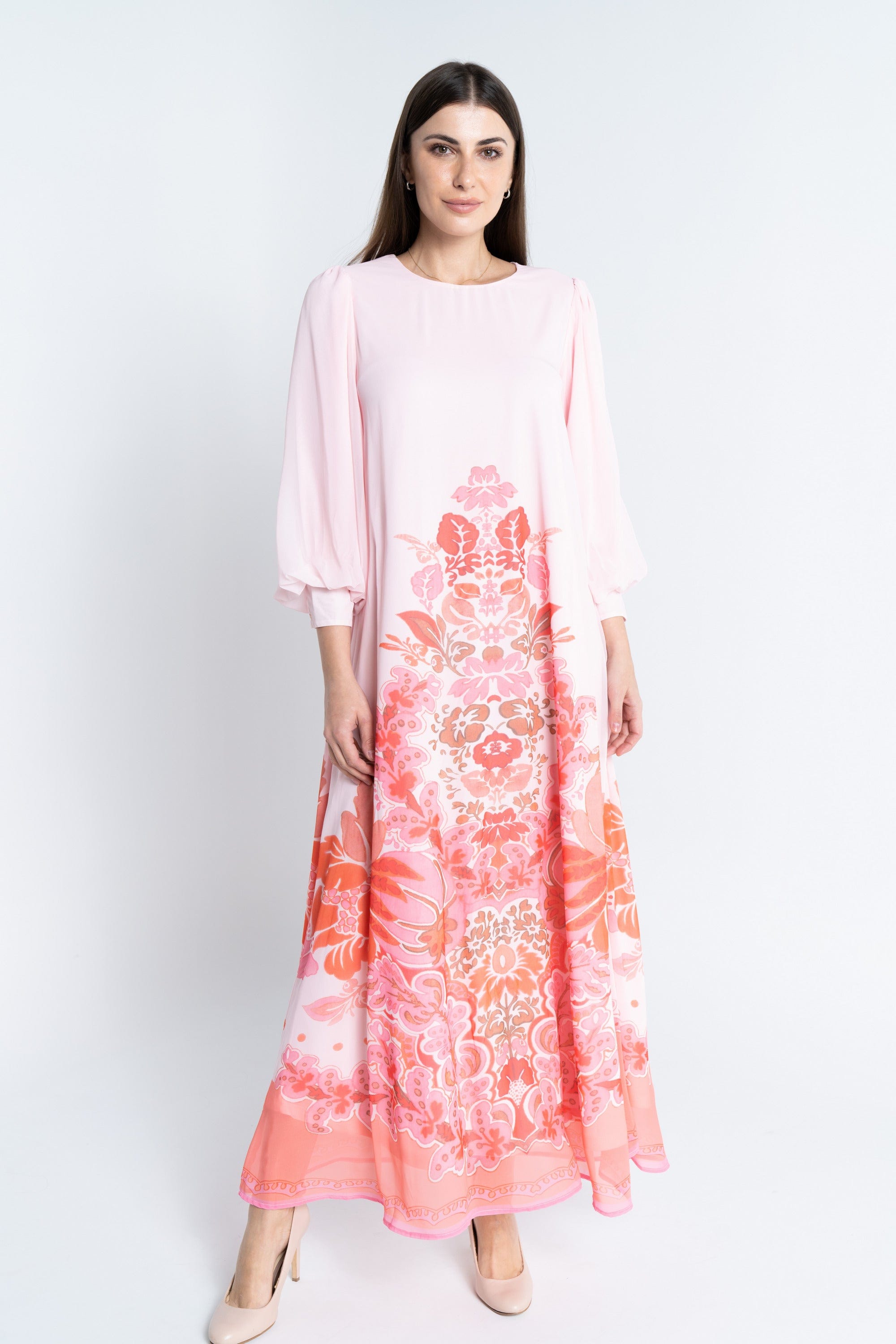 نتشي فستان طويل ماكسي منقوش كم طويل بف نسائي