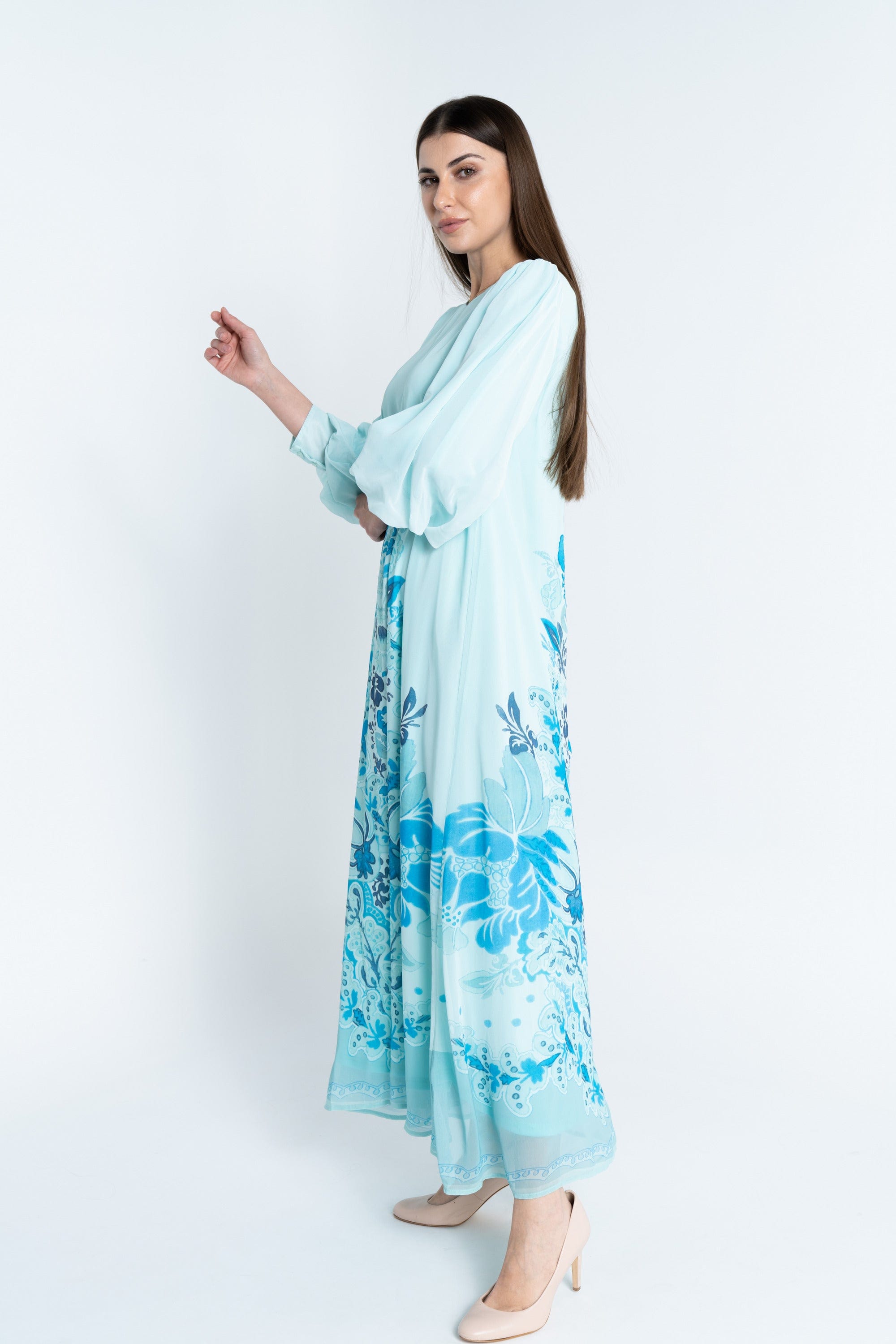 نتشي فستان طويل ماكسي منقوش كم طويل بف نسائي