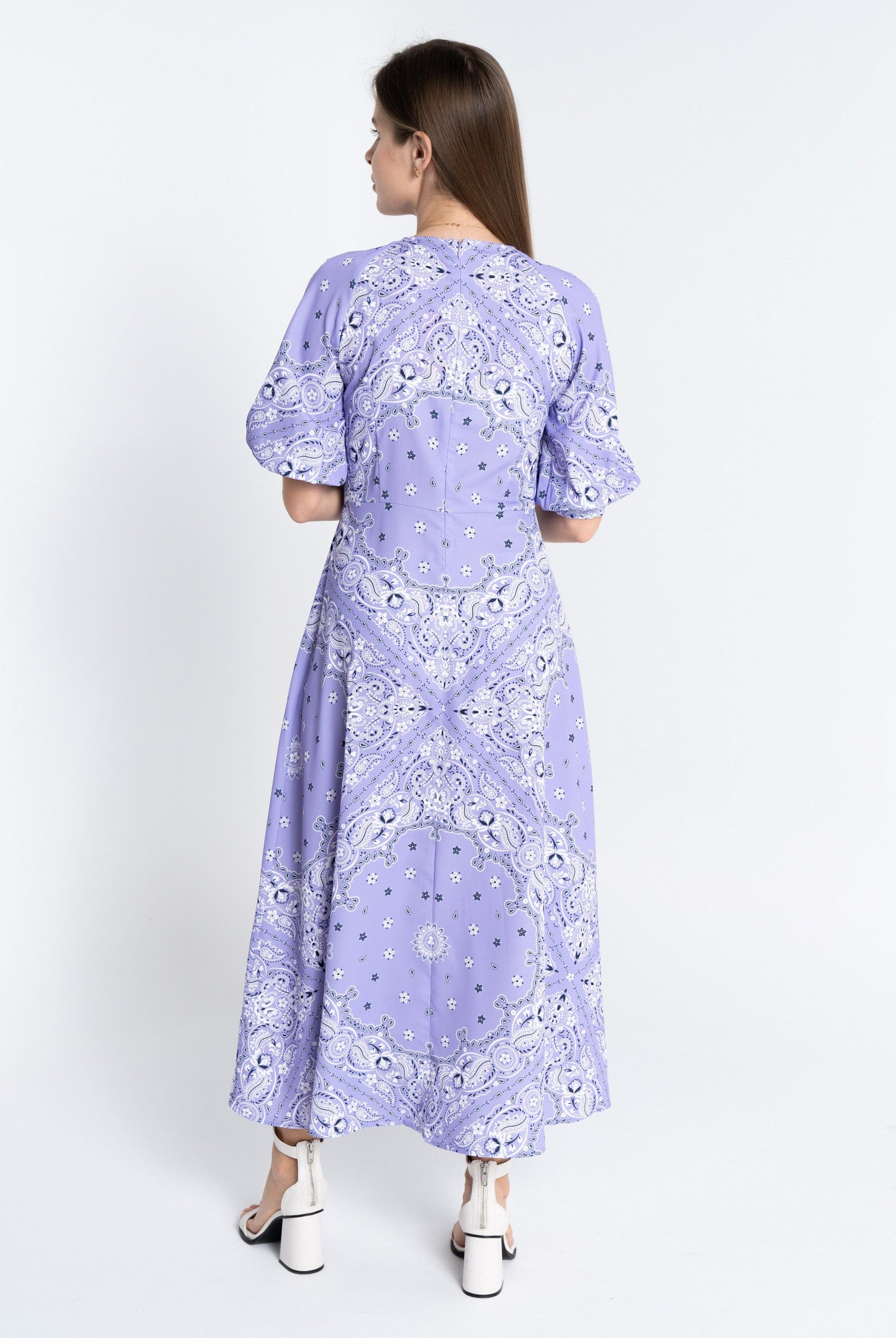 نتشي فستان ميدي منقوش بالكامل 3/4 كم بف نسائي