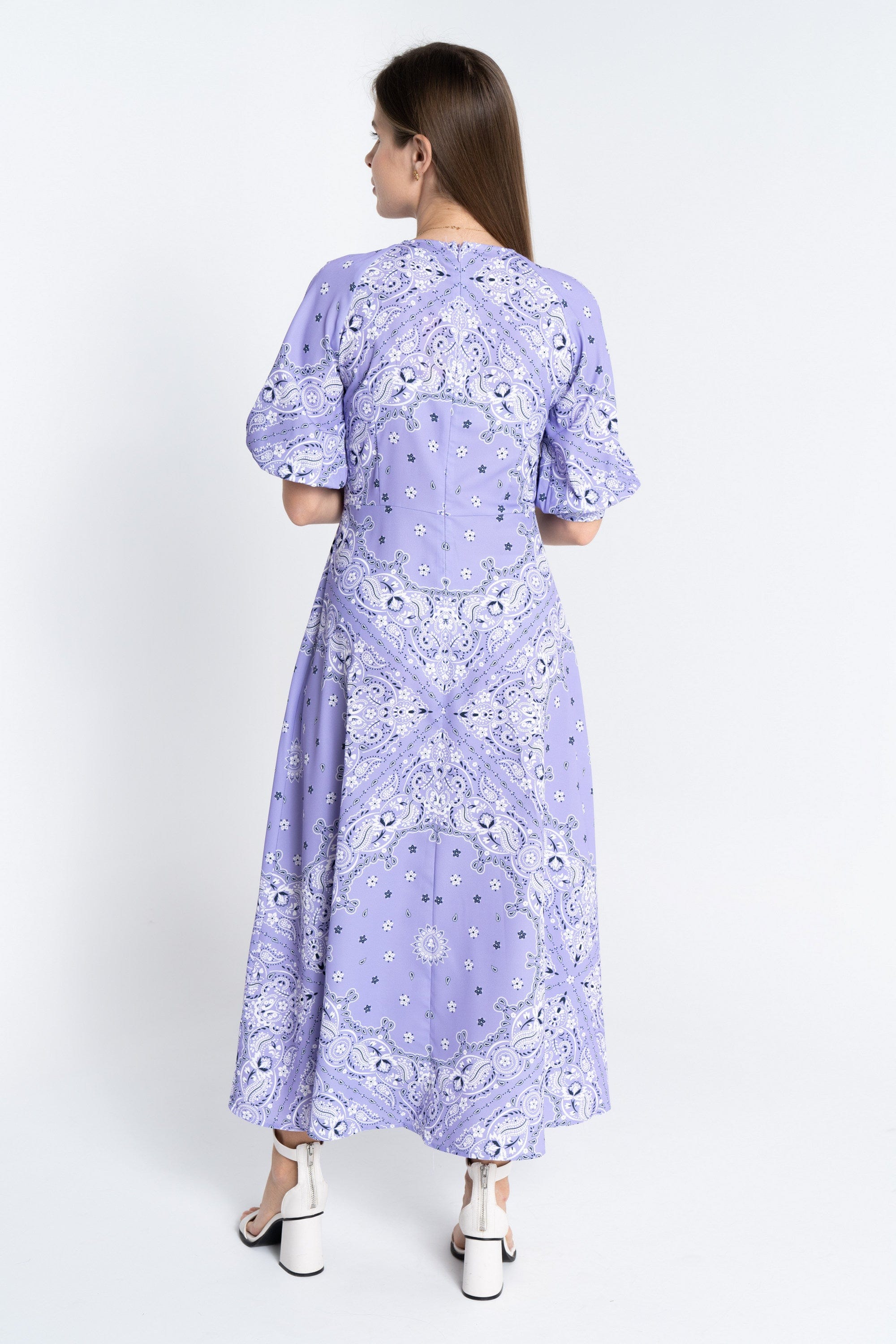 نتشي فستان ميدي منقوش بالكامل 3/4 كم بف نسائي