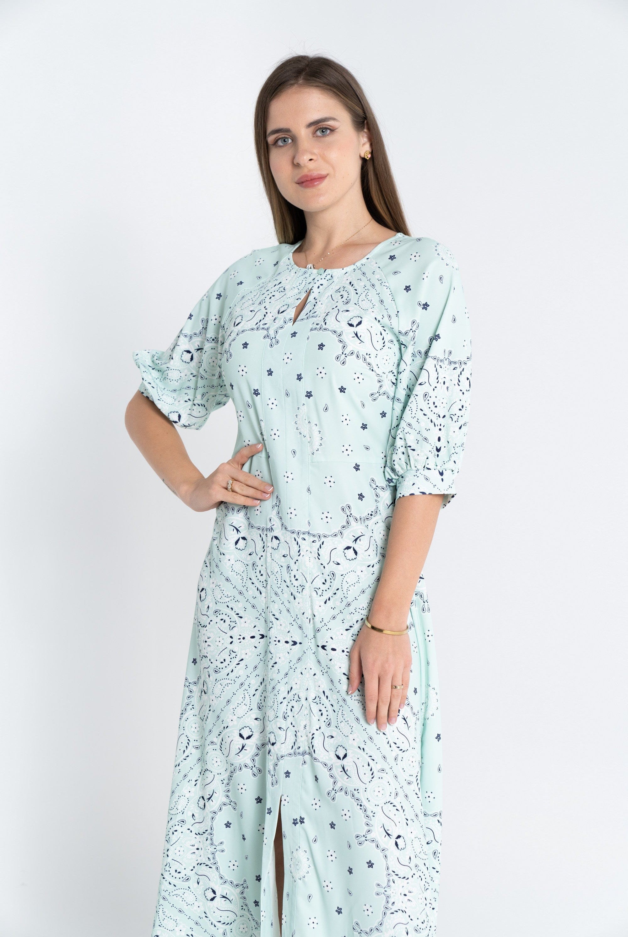 نتشي فستان ميدي منقوش بالكامل 3/4 كم بف نسائي