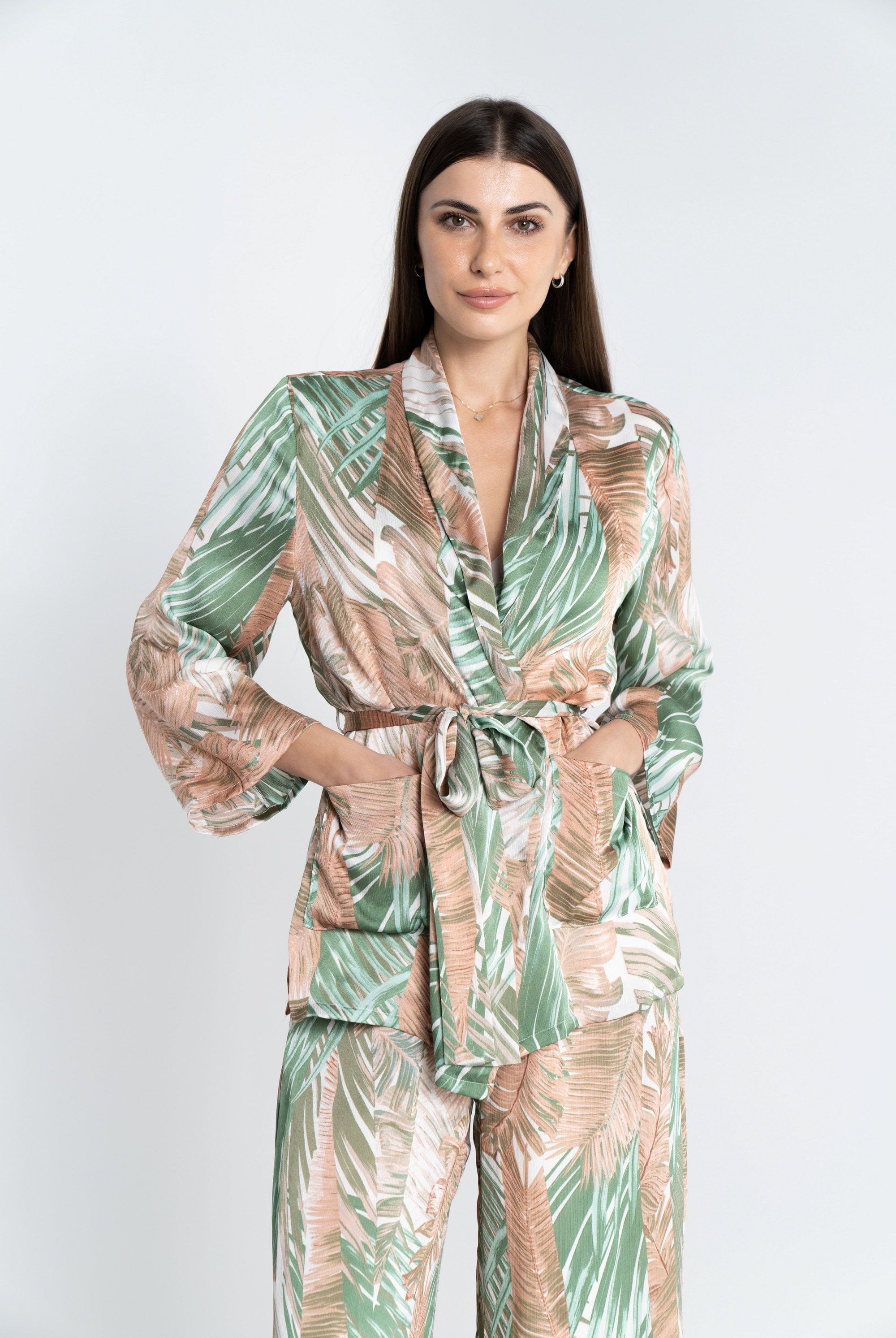 نتشي كارديجان مشجر بحزام على الخصر وجيوب جانبية كم طويل واسع نسائي