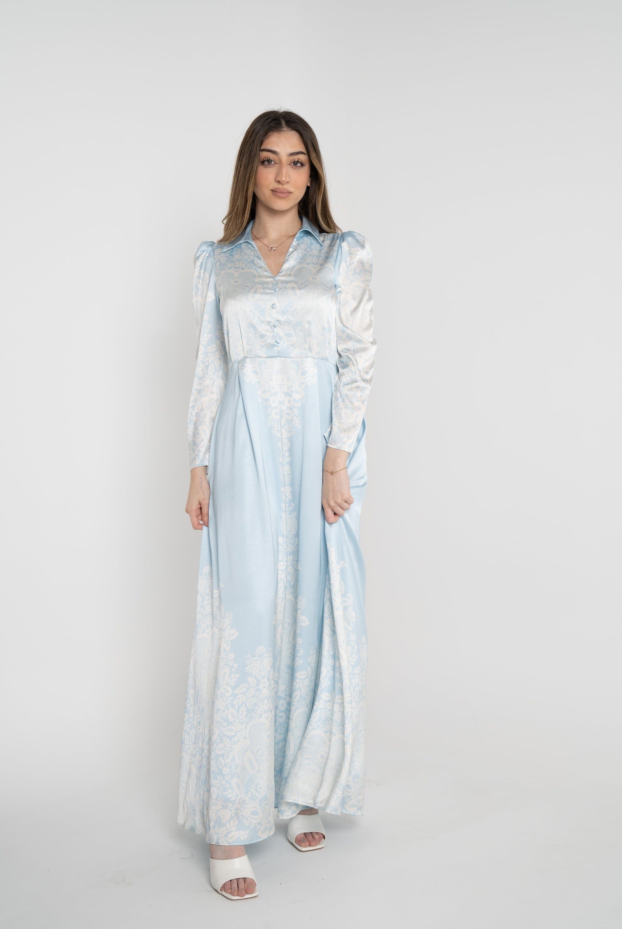 نتشي فستان طويل منقوش كم طويل نسائي ازرق/زهري