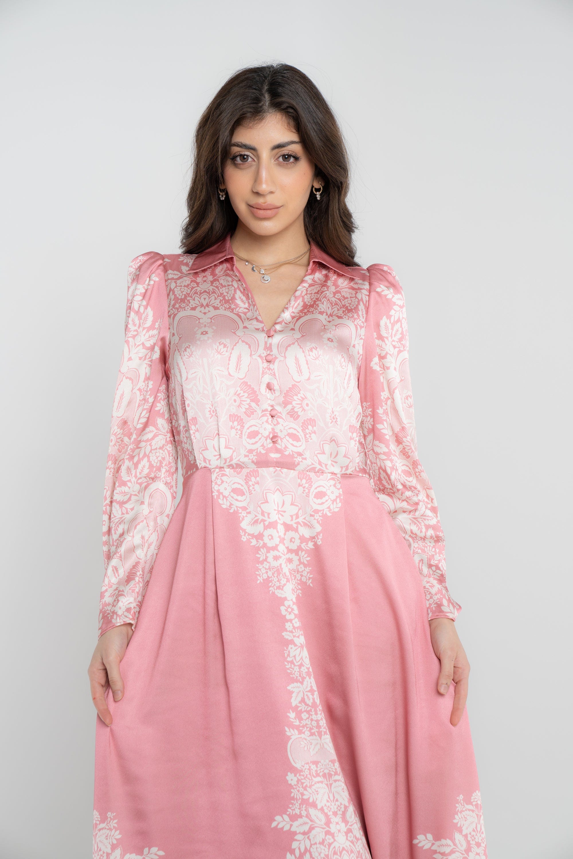 نتشي فستان طويل منقوش كم طويل نسائي ازرق/زهري