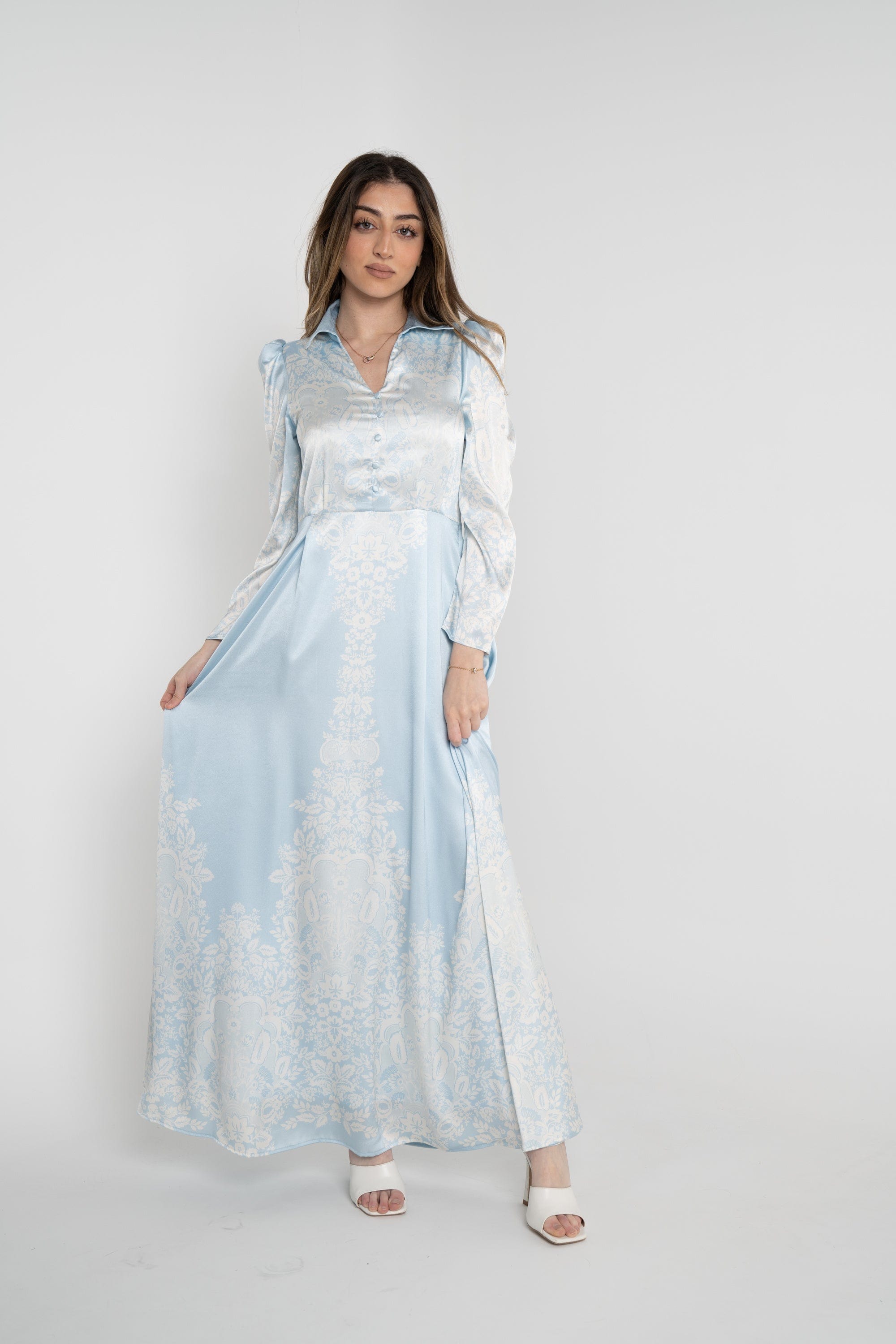 نتشي فستان طويل منقوش كم طويل نسائي ازرق/زهري