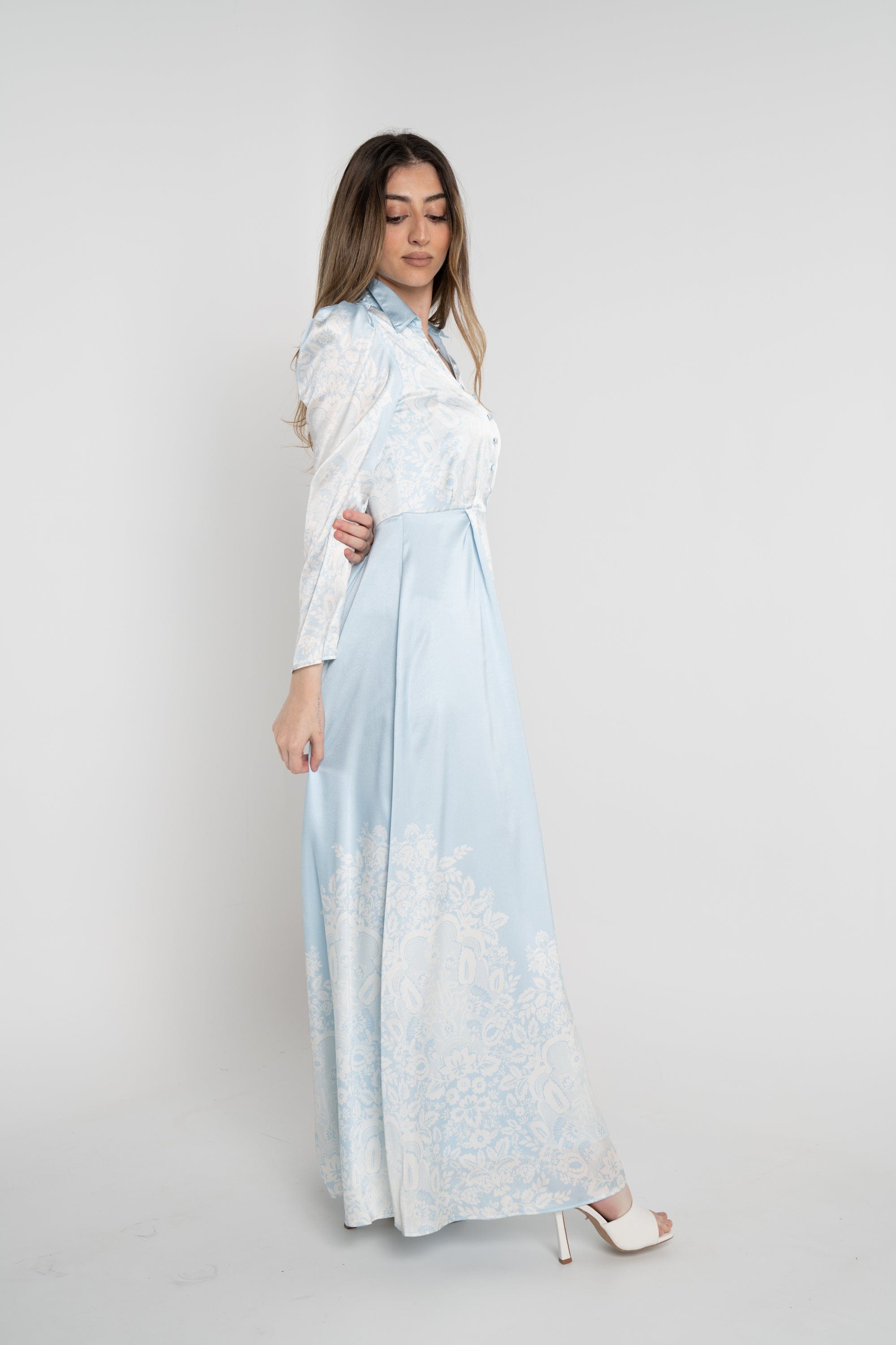 نتشي فستان طويل منقوش كم طويل نسائي ازرق/زهري