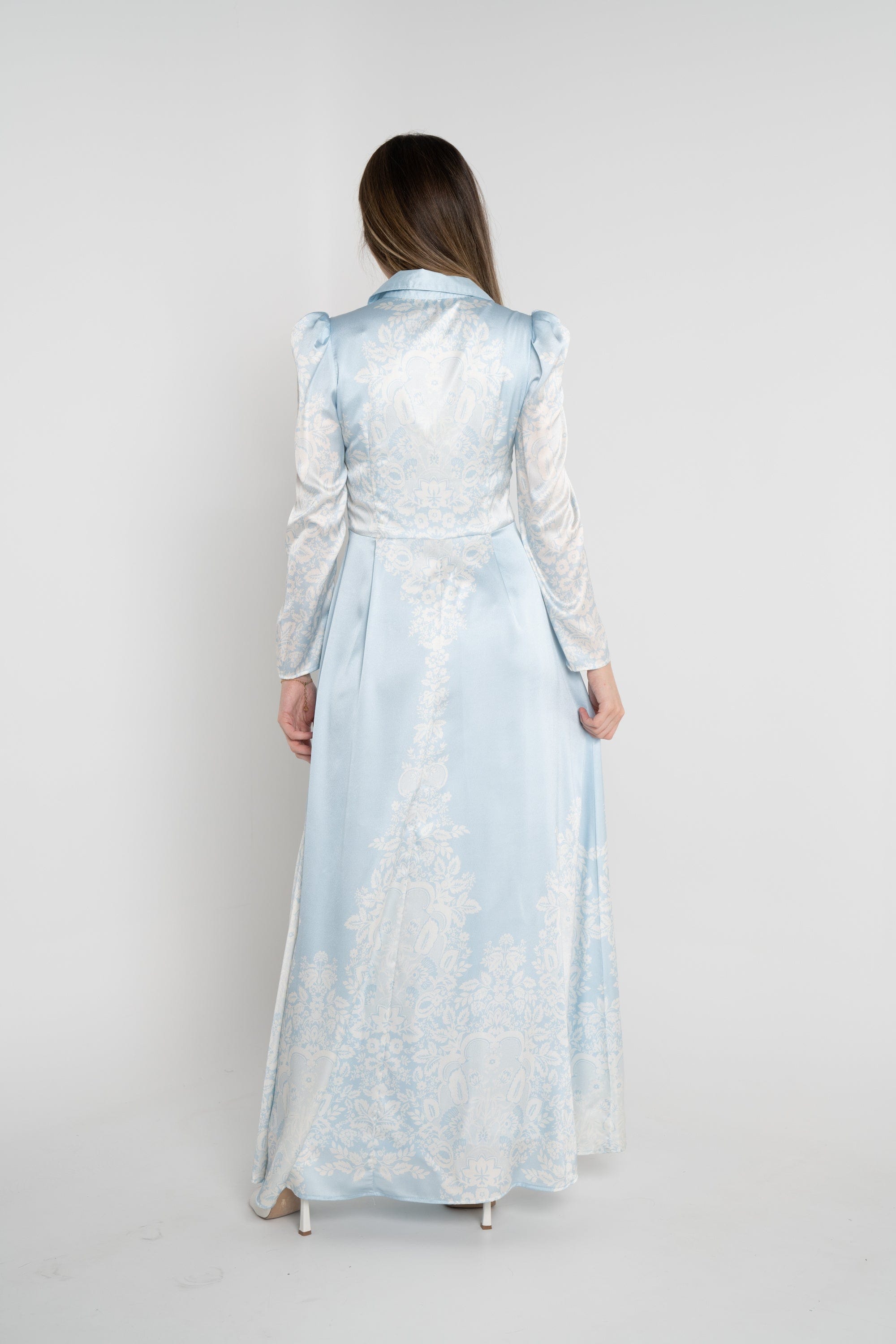 نتشي فستان طويل منقوش كم طويل نسائي ازرق/زهري