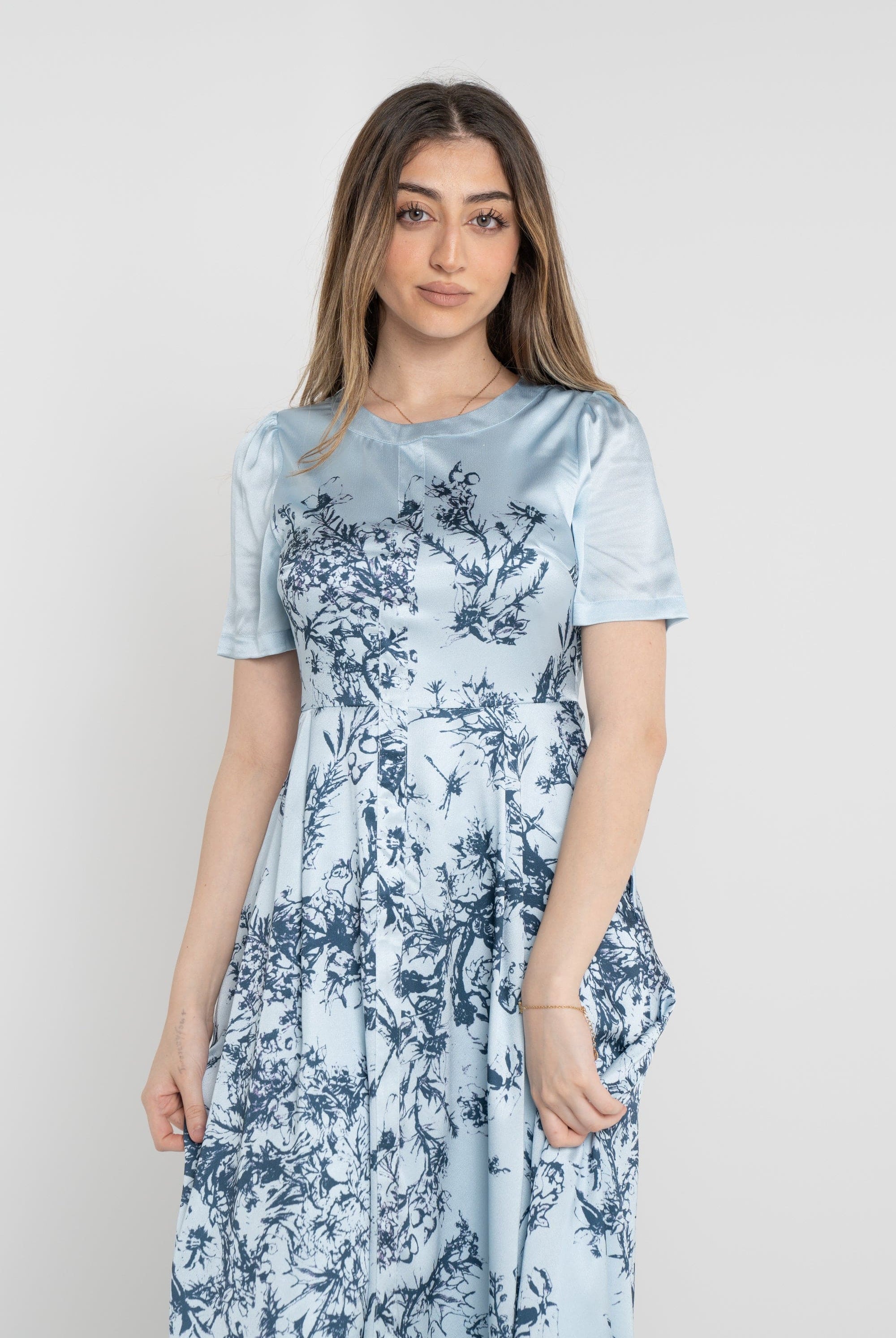 نتشي فستان مشجر ميدي نص كم نسائي ازرق/زهري