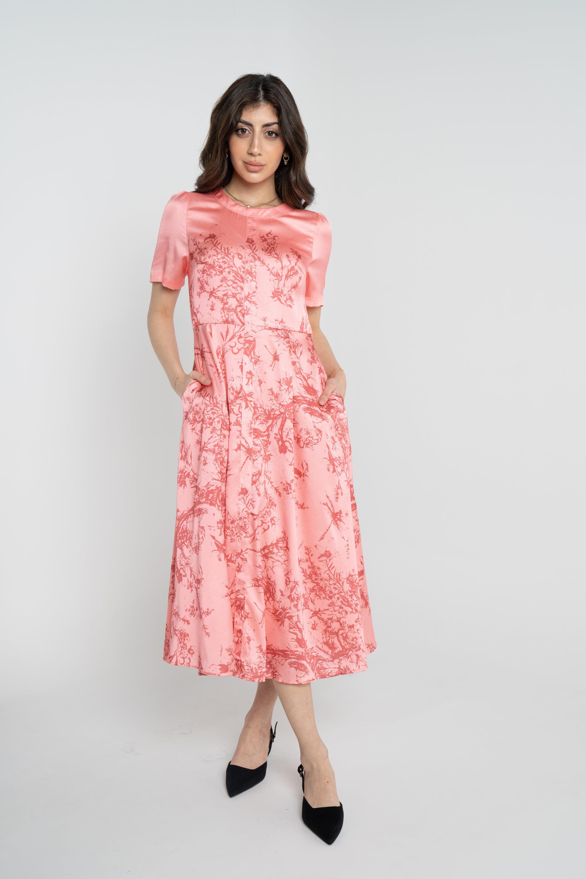 نتشي فستان مشجر ميدي نص كم نسائي ازرق/زهري