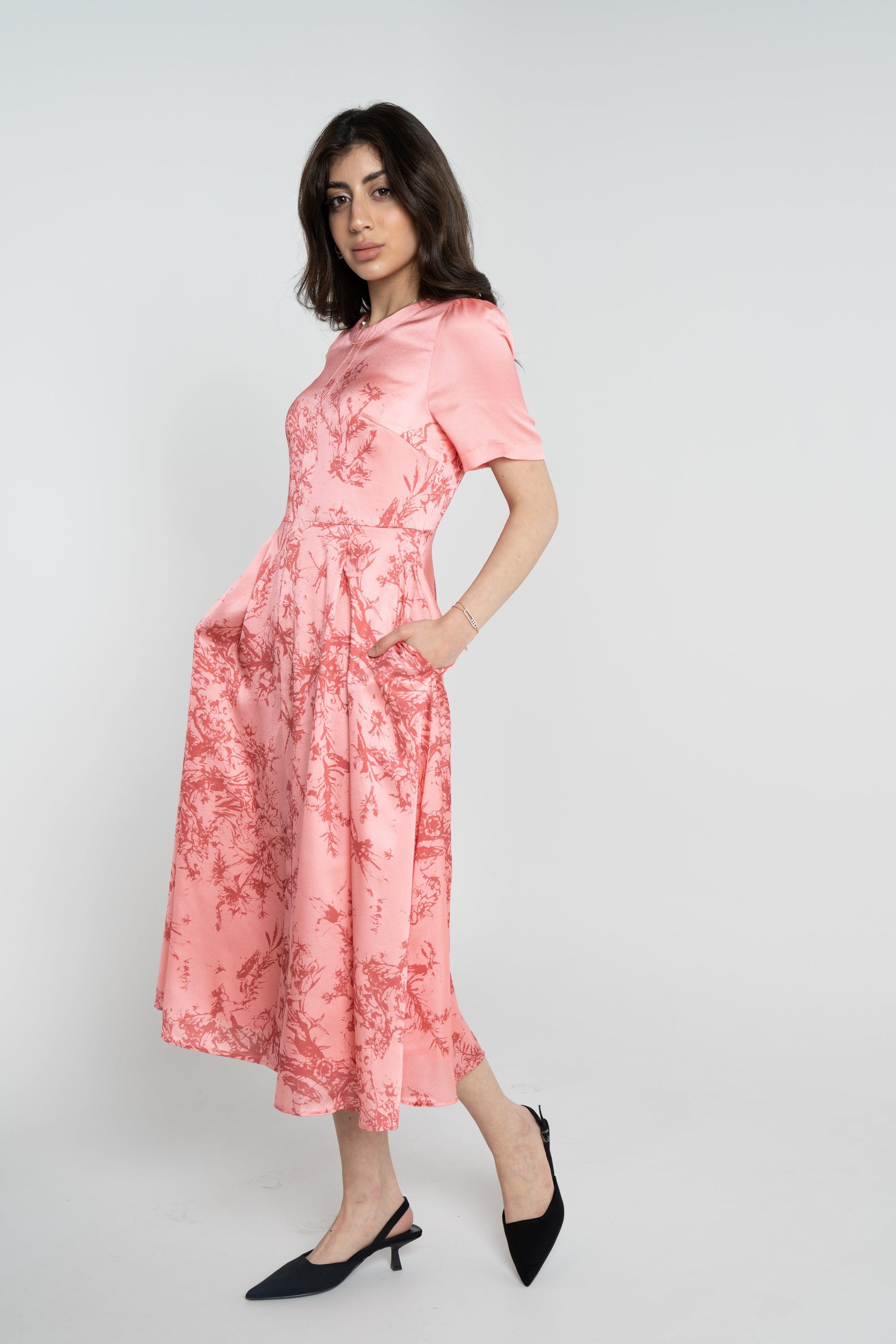 نتشي فستان مشجر ميدي نص كم نسائي ازرق/زهري