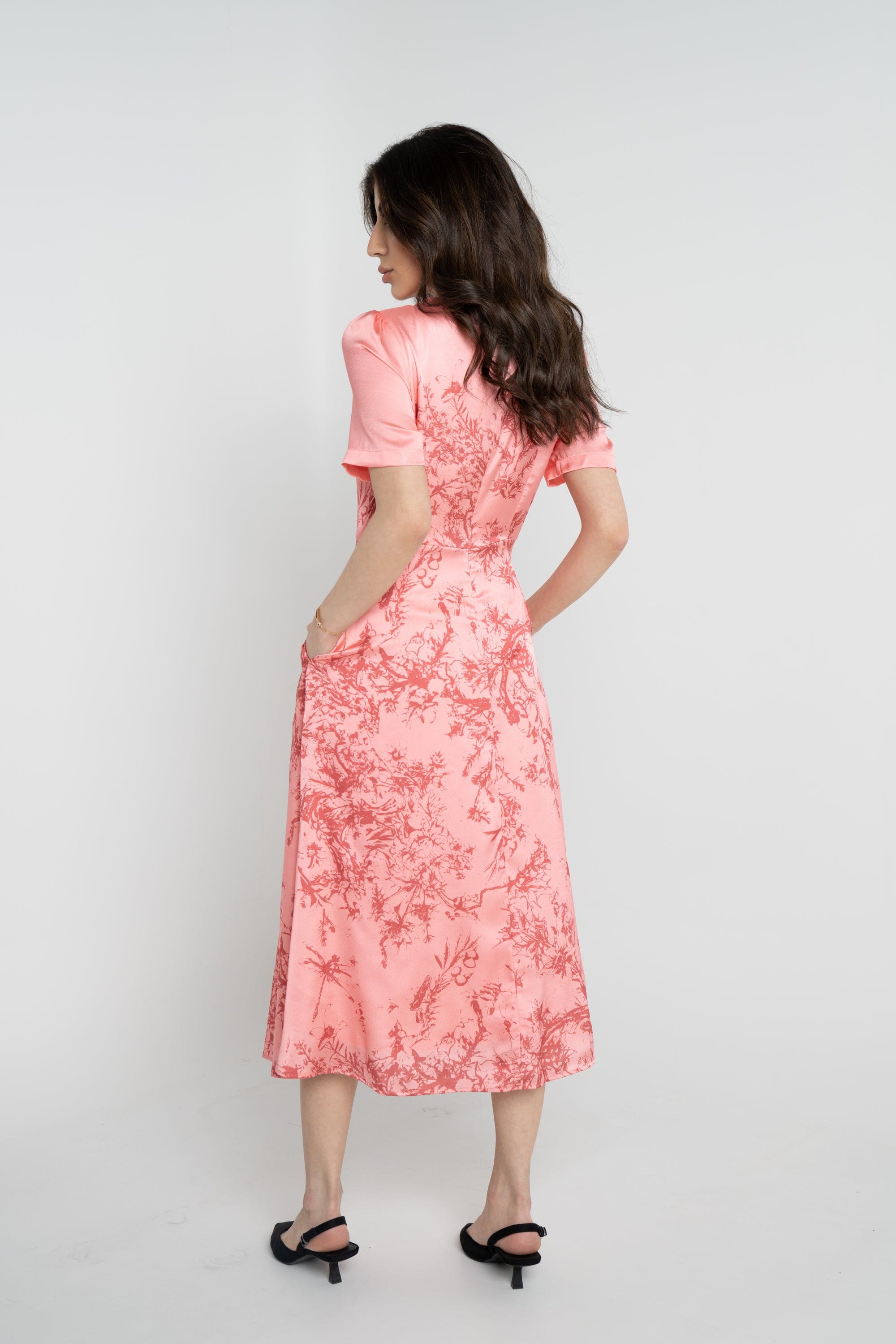 نتشي فستان مشجر ميدي نص كم نسائي ازرق/زهري