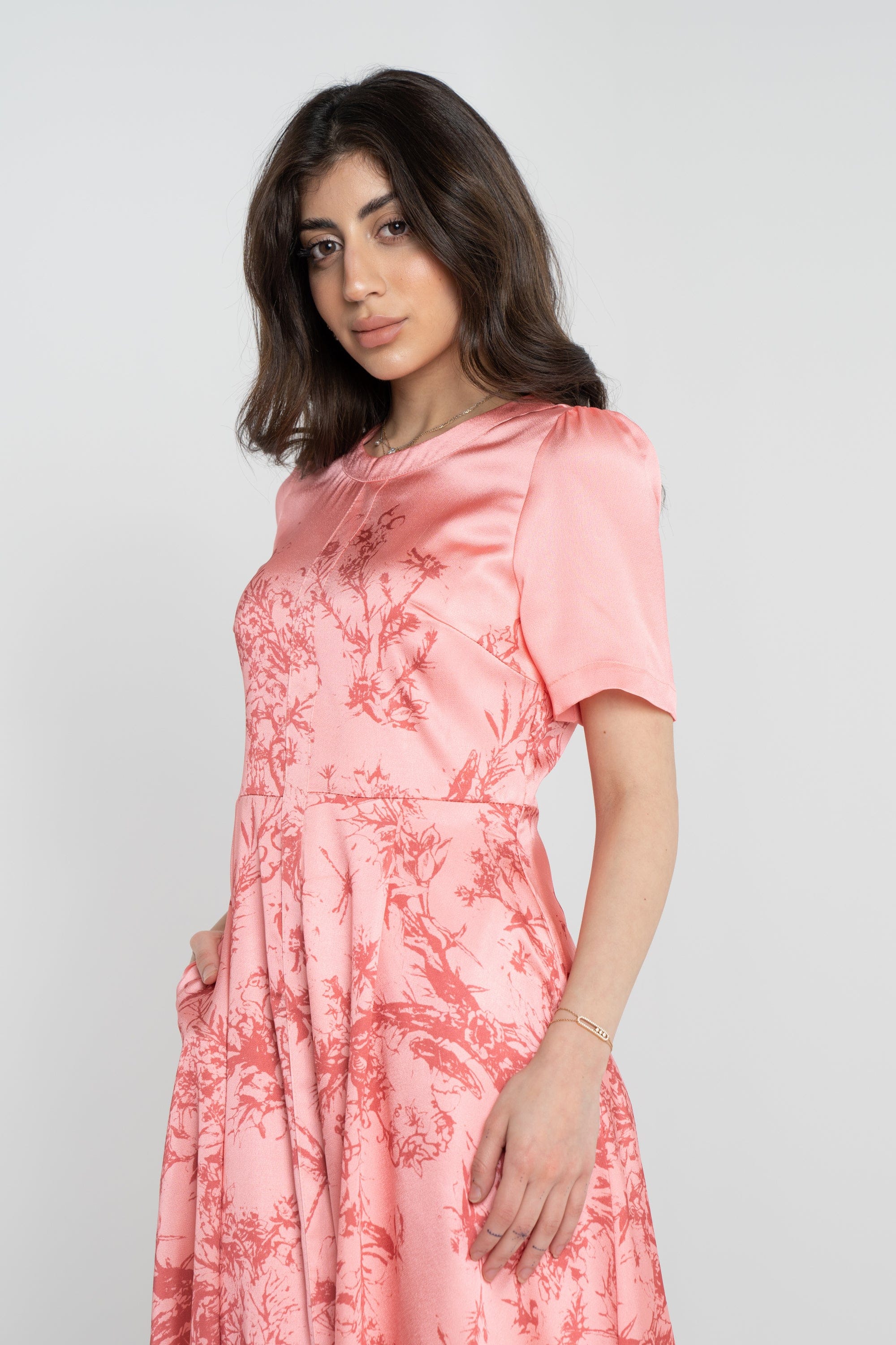 نتشي فستان مشجر ميدي نص كم نسائي ازرق/زهري