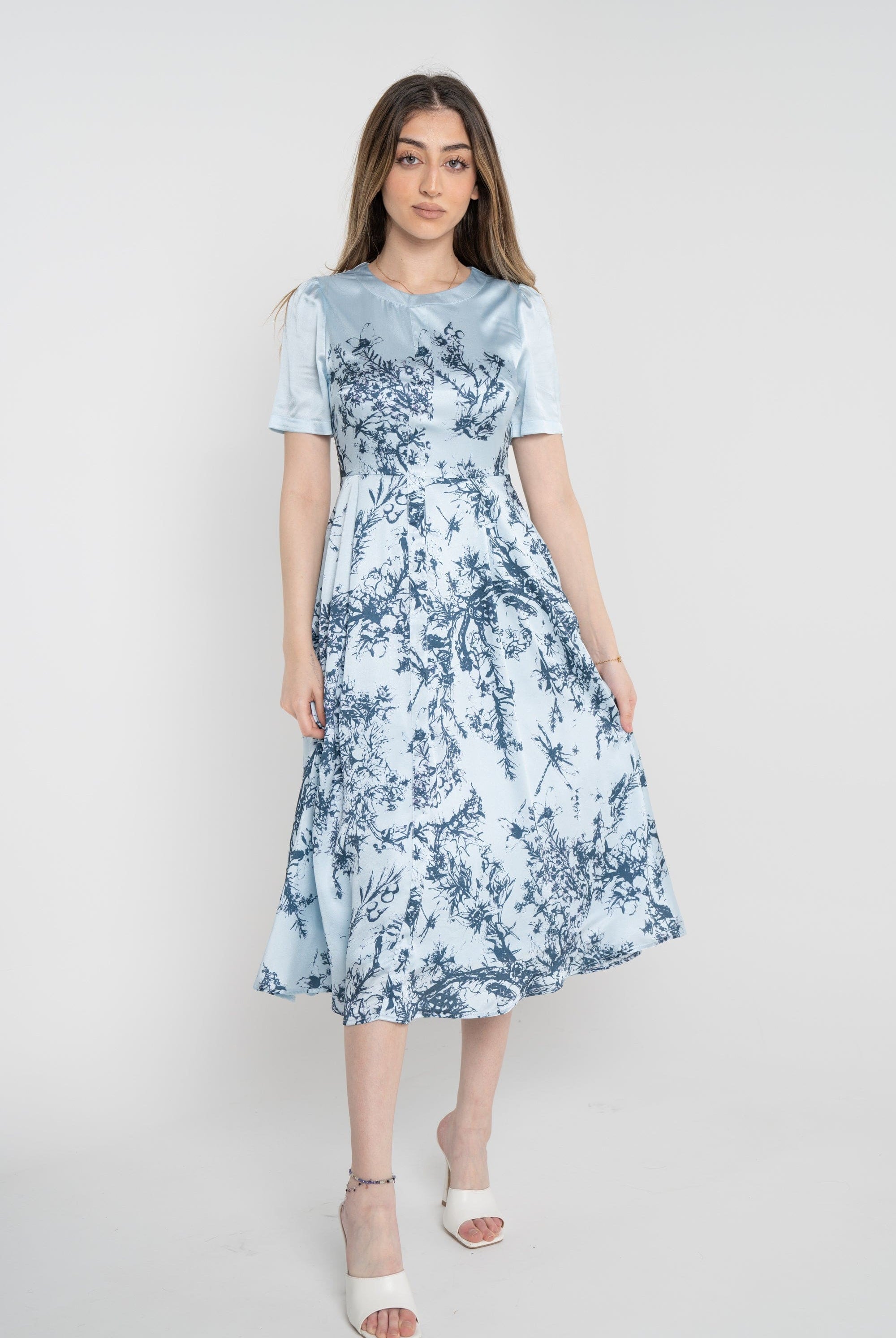 نتشي فستان مشجر ميدي نص كم نسائي ازرق/زهري