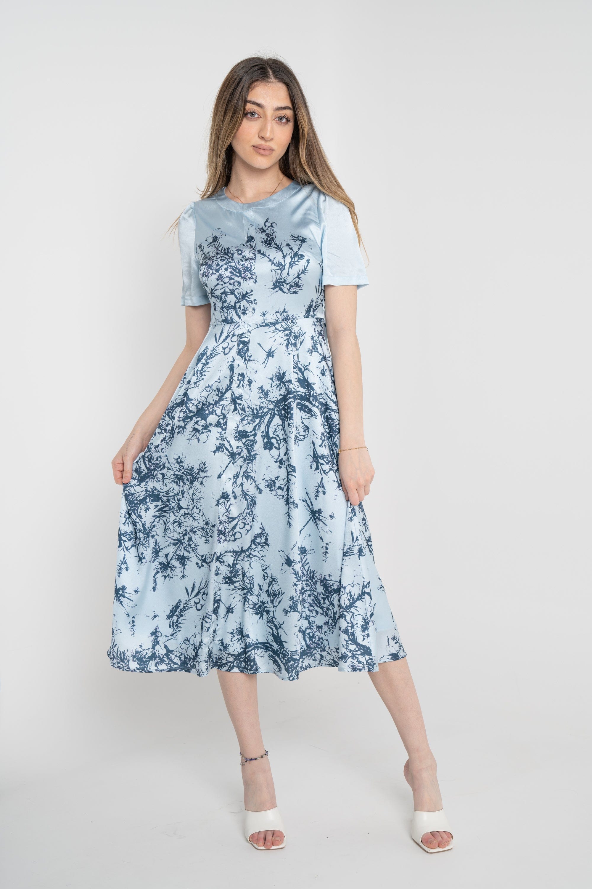 نتشي فستان مشجر ميدي نص كم نسائي ازرق/زهري