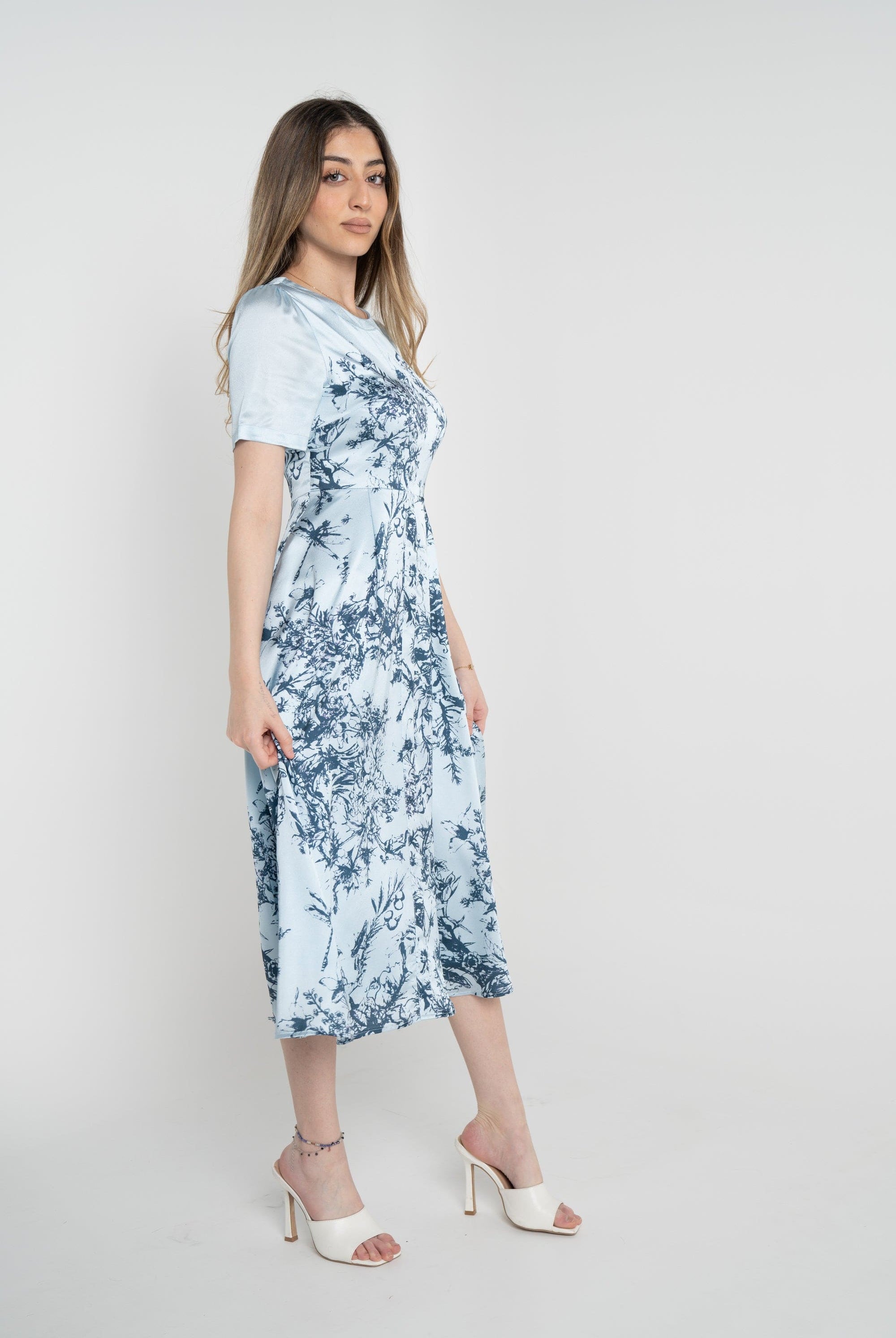 نتشي فستان مشجر ميدي نص كم نسائي ازرق/زهري