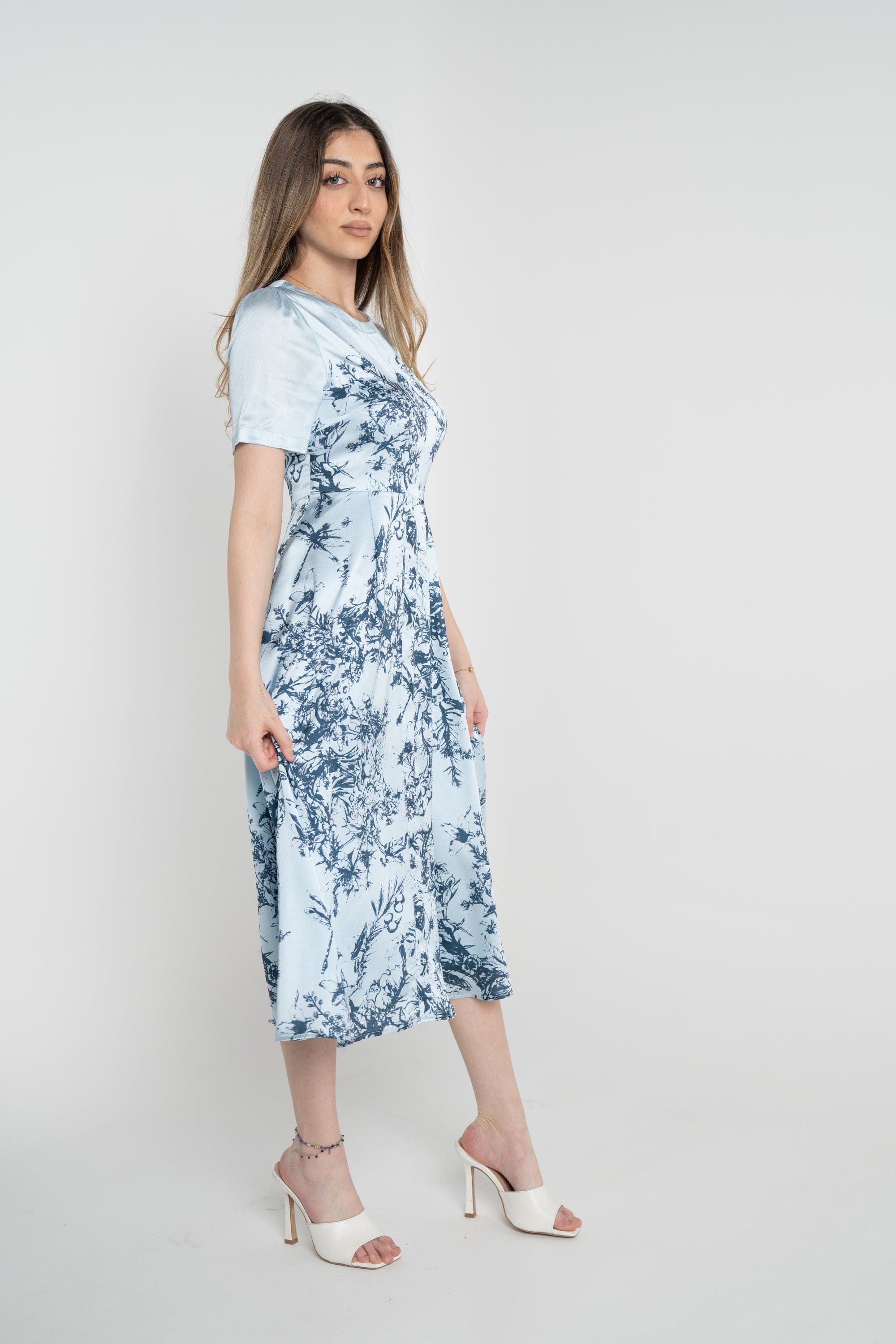 نتشي فستان مشجر ميدي نص كم نسائي ازرق/زهري