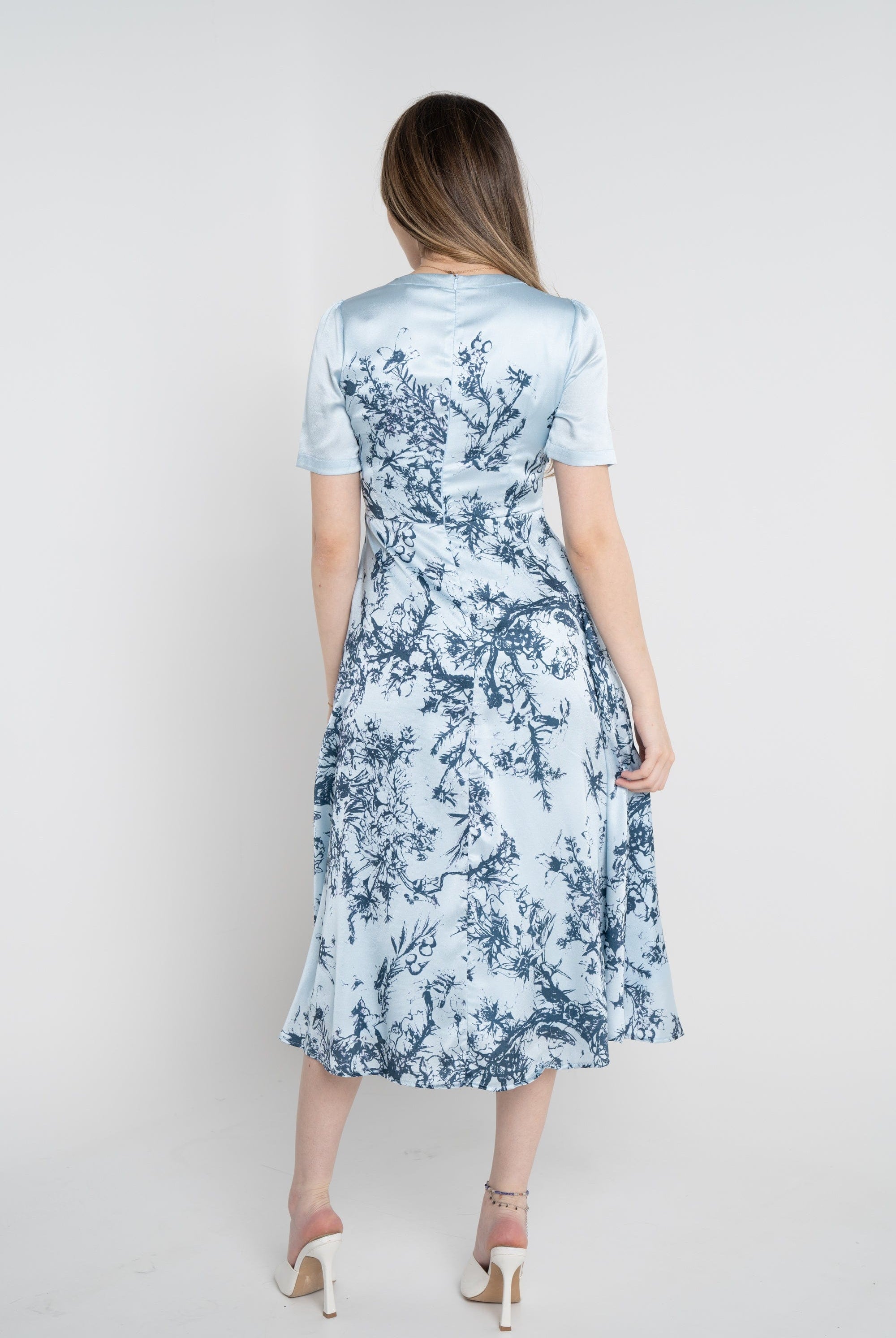 نتشي فستان مشجر ميدي نص كم نسائي ازرق/زهري