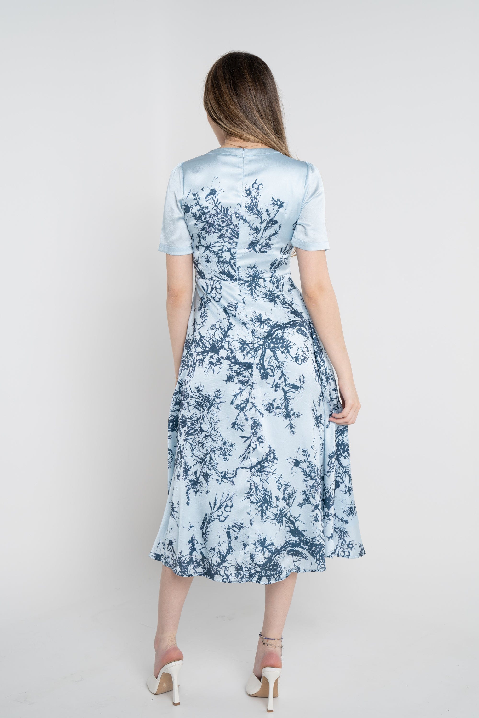 نتشي فستان مشجر ميدي نص كم نسائي ازرق/زهري