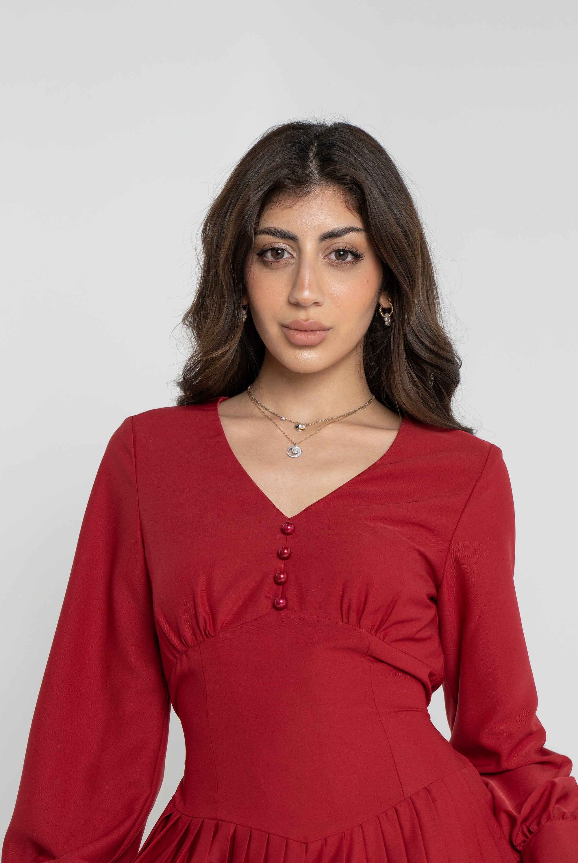 نتشي فستان ميدي سادة مخصر بأزرار أمامية كم طويل نسائي