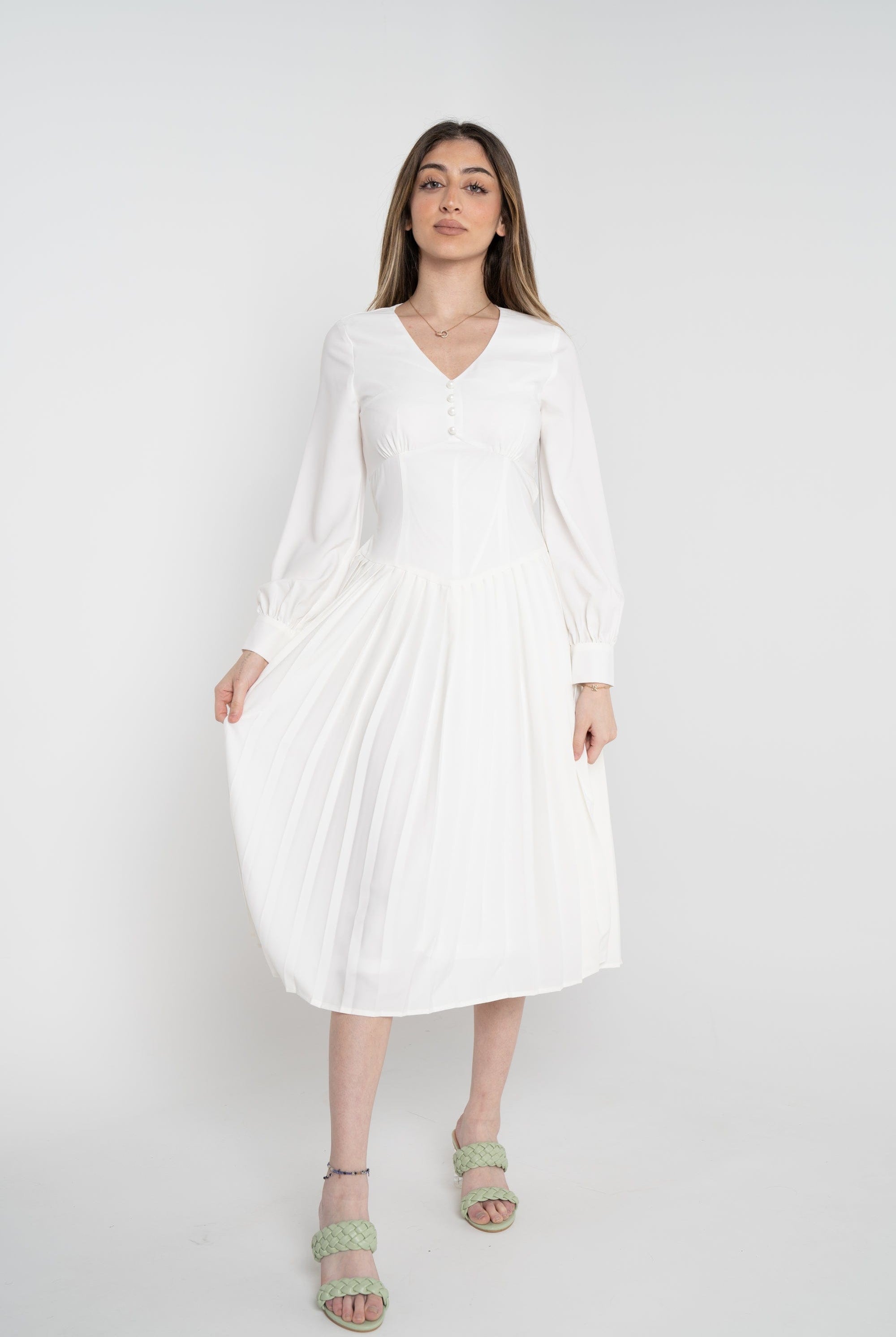 نتشي فستان ميدي سادة مخصر بأزرار أمامية كم طويل نسائي