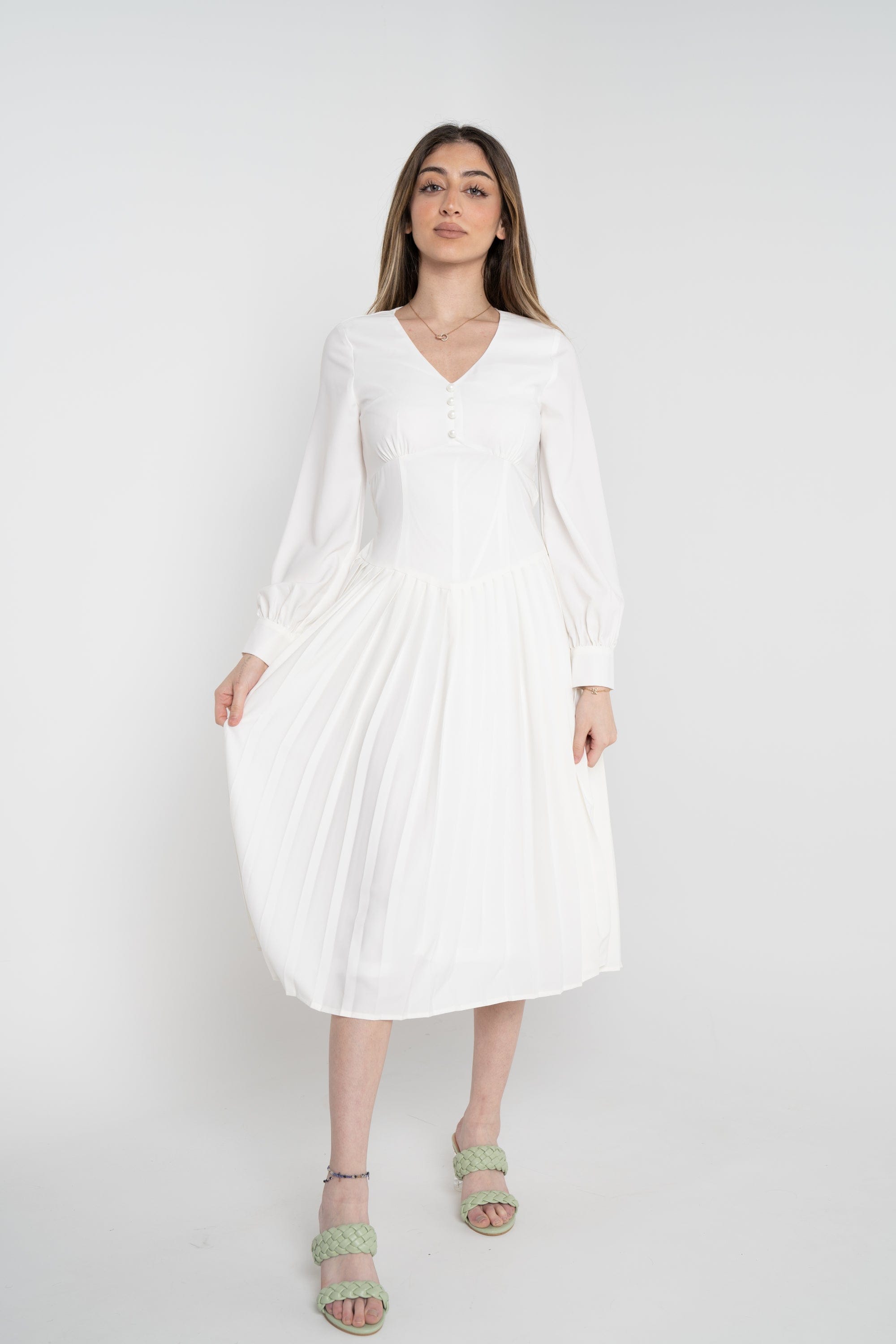 نتشي فستان ميدي سادة مخصر بأزرار أمامية كم طويل نسائي