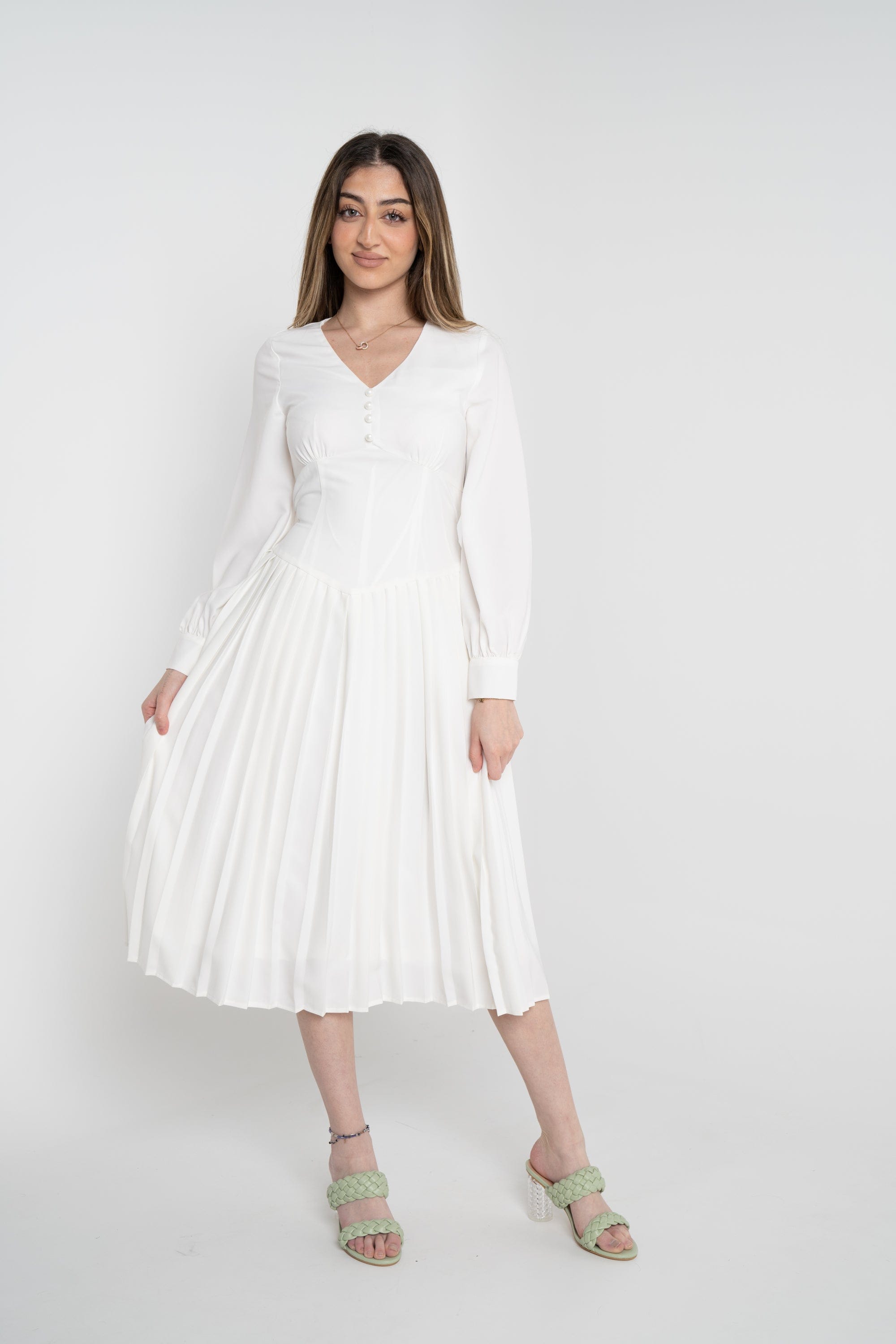 نتشي فستان ميدي سادة مخصر بأزرار أمامية كم طويل نسائي