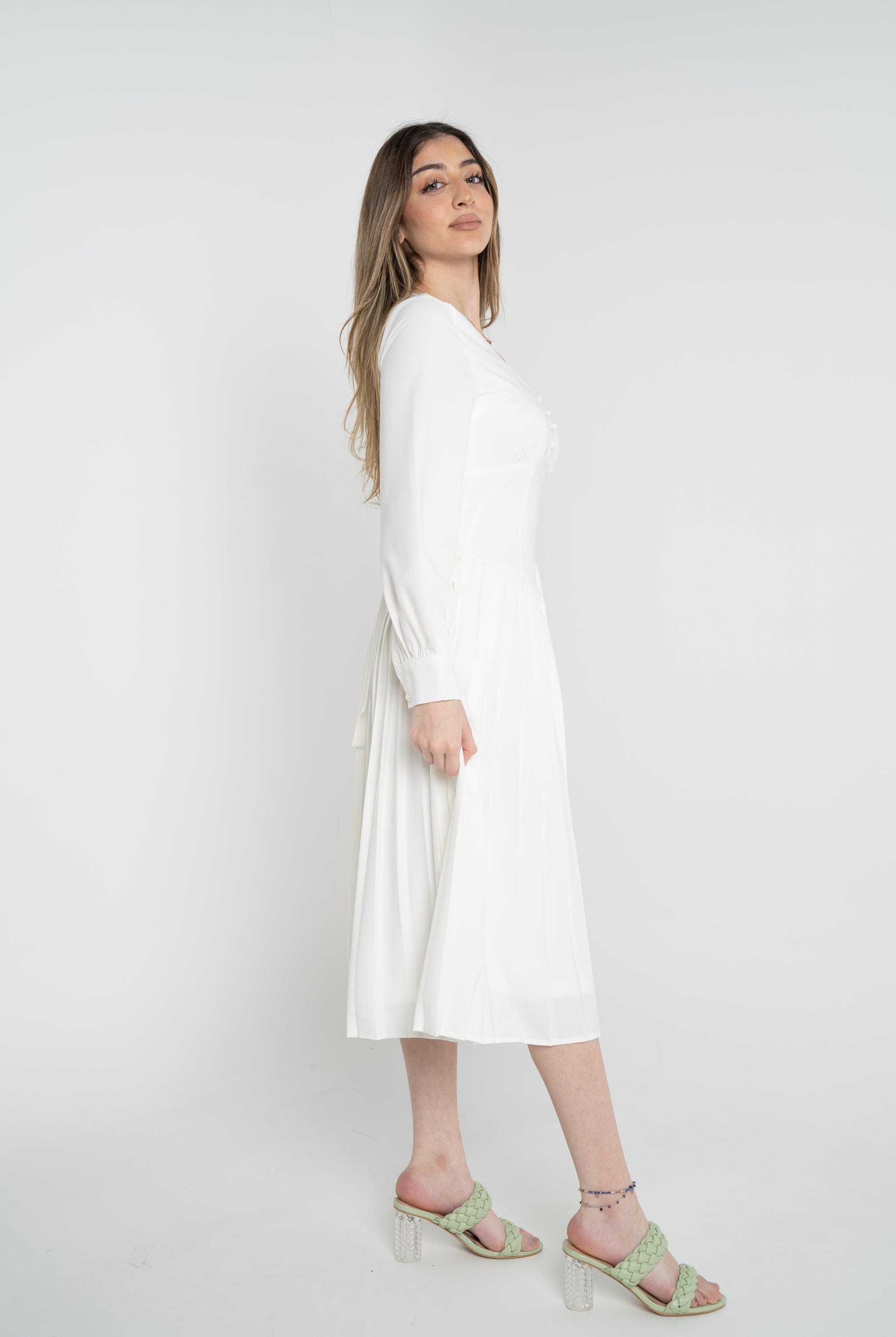 نتشي فستان ميدي سادة مخصر بأزرار أمامية كم طويل نسائي