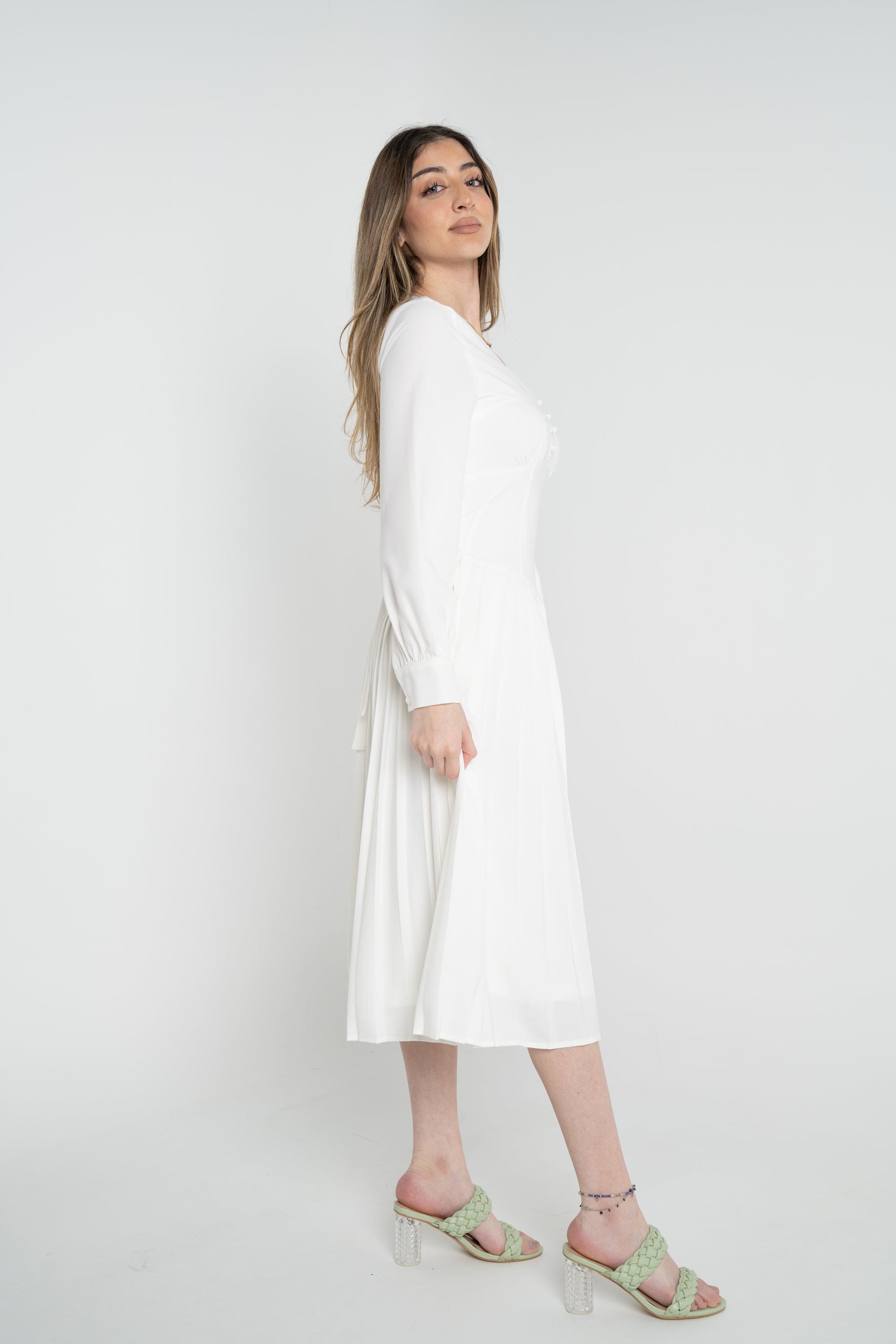 نتشي فستان ميدي سادة مخصر بأزرار أمامية كم طويل نسائي