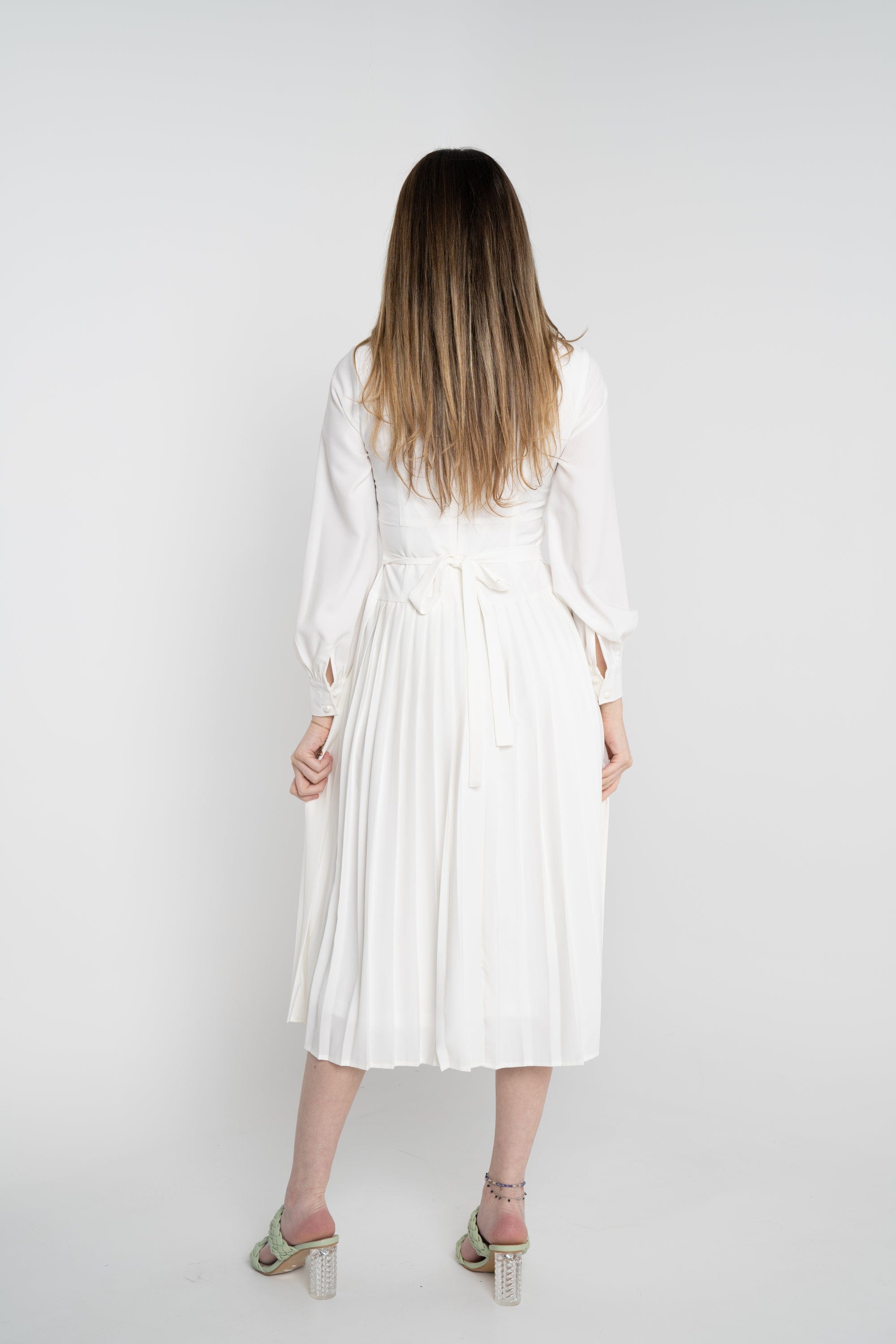 نتشي فستان ميدي سادة مخصر بأزرار أمامية كم طويل نسائي