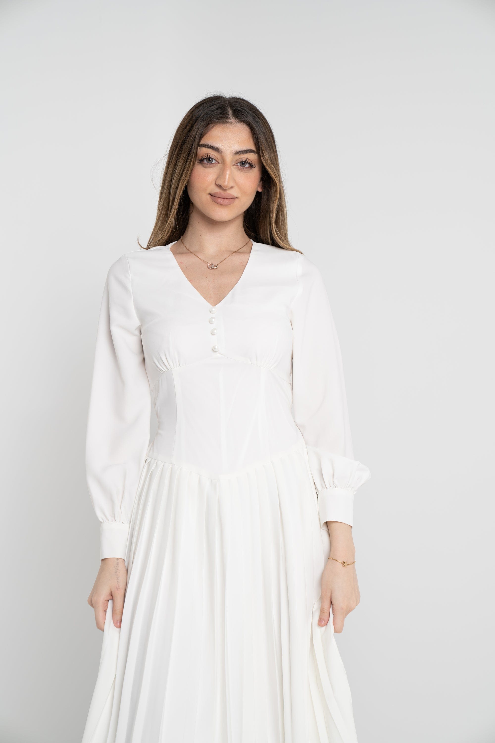 نتشي فستان ميدي سادة مخصر بأزرار أمامية كم طويل نسائي